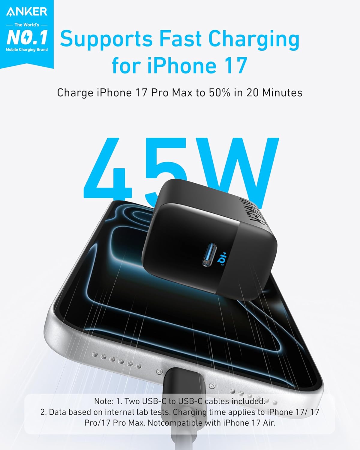 Anker 45W USB C Charger Block, PPS Fast Charger with USB-C Cable for iPhone 17/16/15 and More Series, iPad, Galaxy S24 Ultra (2-Pack 5 ft Cable Included)