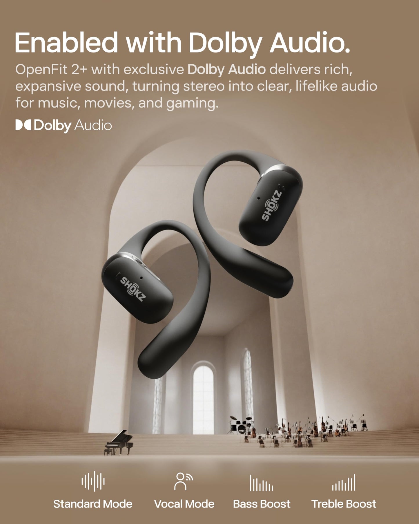 SHOKZ New OpenFit 2+ Open-Ear Headphones, Dolby Audio Enabled, Comfortable Earbuds with Soft Ear Hooks, 48H Playtime, IP55 Water-Resistant, USB-C Fast Charging, Wireless Charging, Carrying Bag,Black