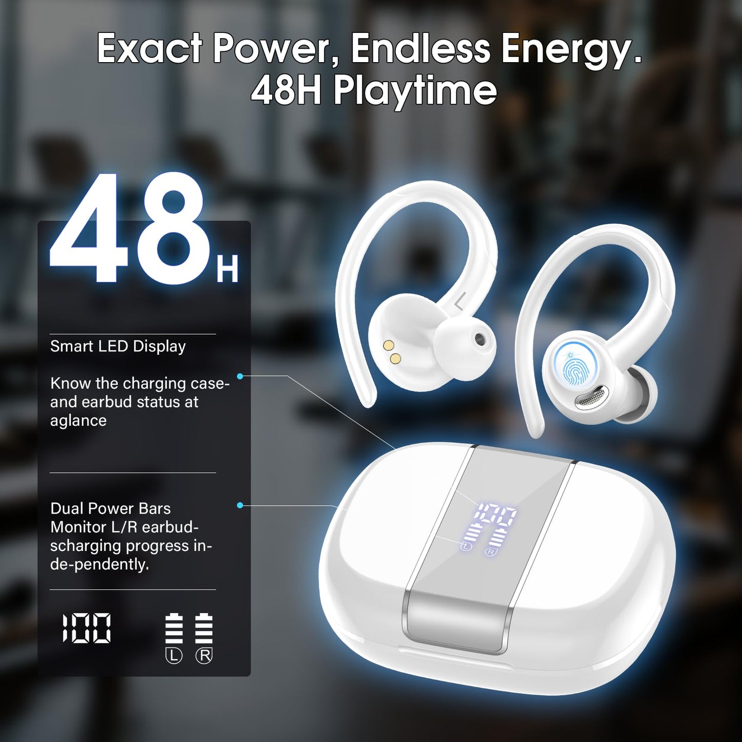 2026 Wireless Earbuds Bluetooth 5.3 Headphones Sports, 48H Earphones with ENC Mic, Stereo Deep Bass Bluetooth Earbuds with Secure Earhook, LED Display, IPX7 Waterproof Ear Buds for Running/Gym/Workout