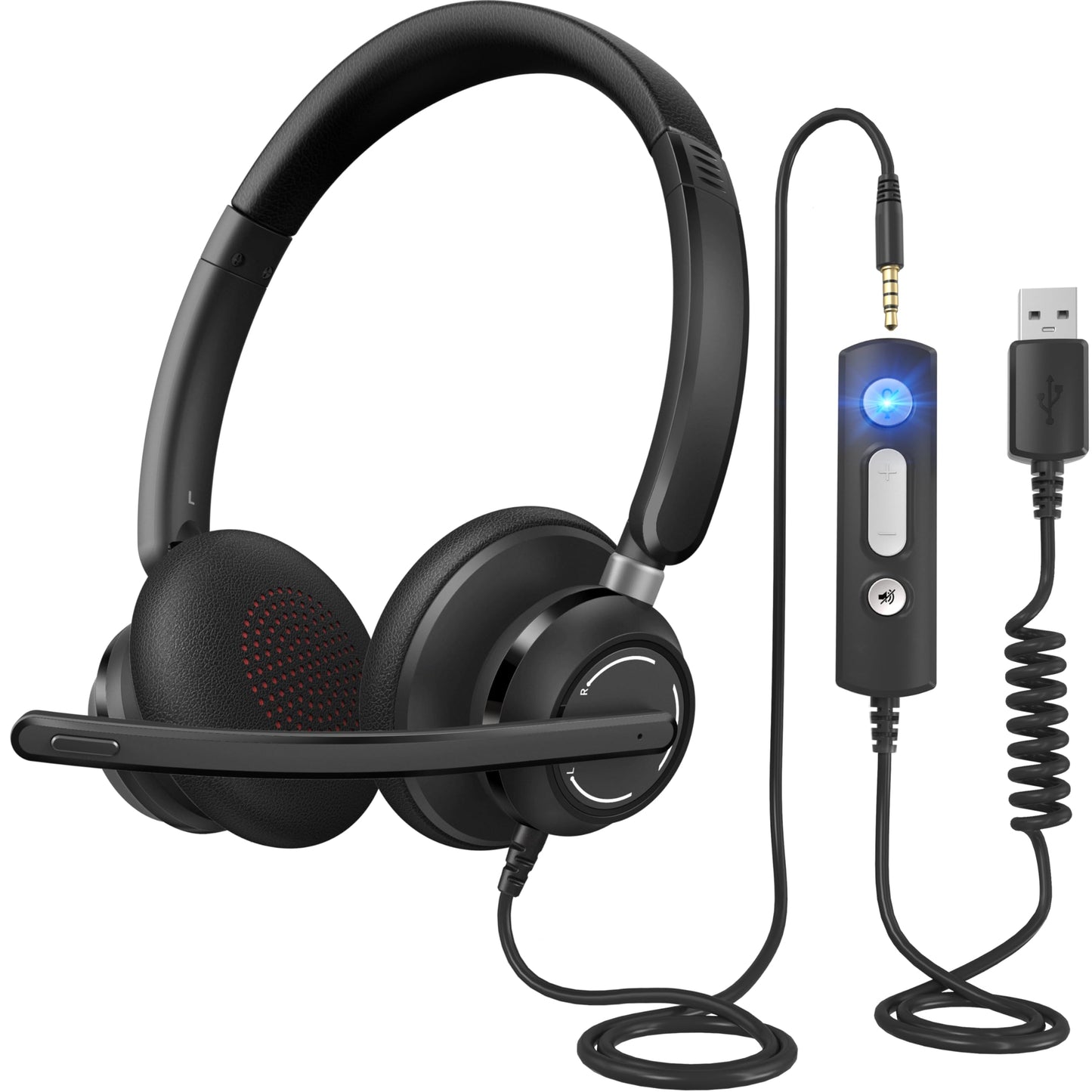 USB Headset with Microphone for PC, Wired Headphones with Noise Cancelling Mic, Computer Headset with in-line Controls, 3.5mm & USB Plug for Zoom, Skype, Call Center, Office Use, Black