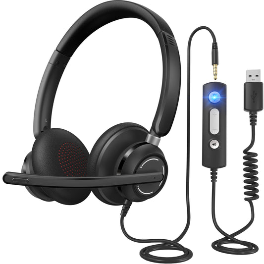 USB Headset with Microphone for PC, Wired Headphones with Noise Cancelling Mic, Computer Headset with in-line Controls, 3.5mm & USB Plug for Zoom, Skype, Call Center, Office Use, Black