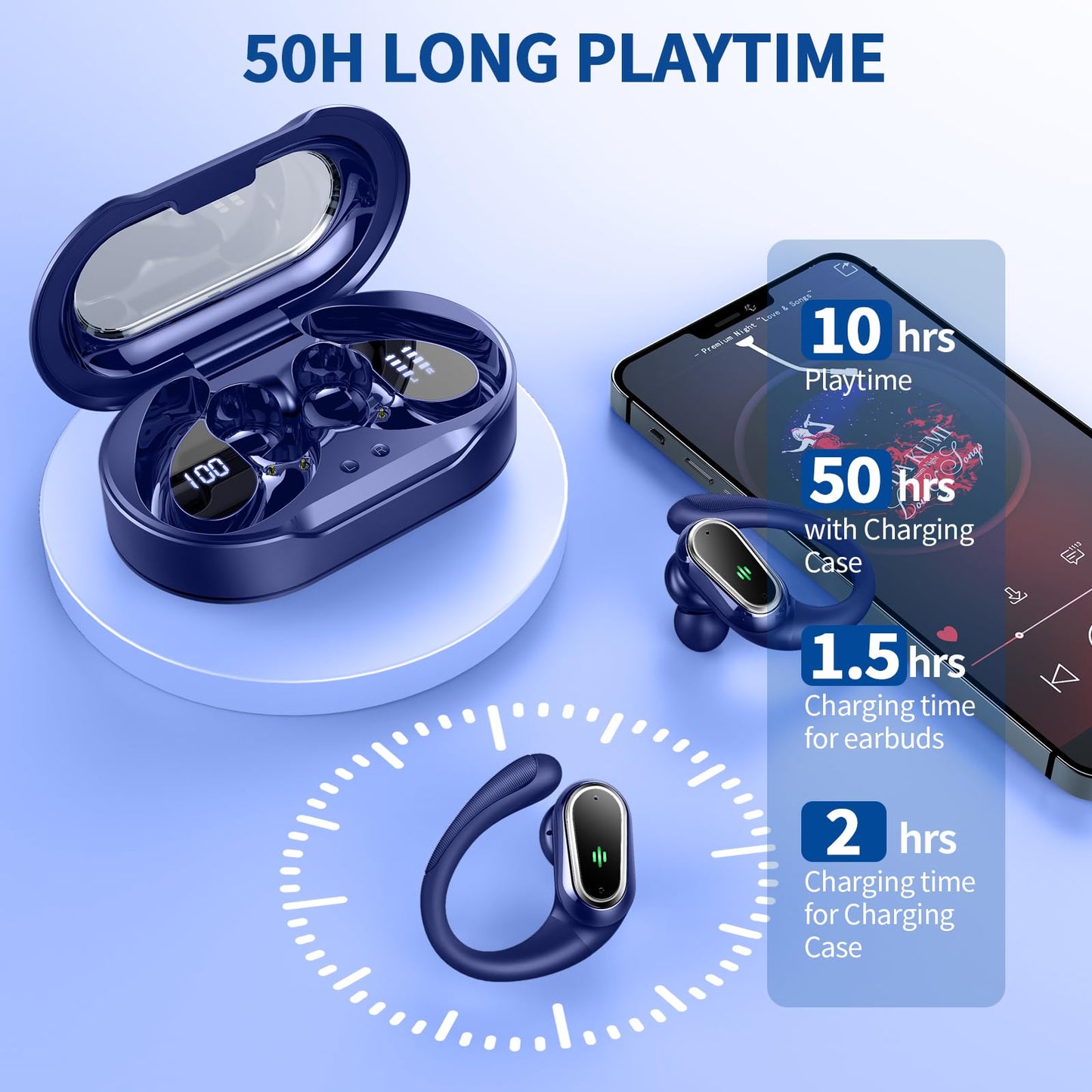 Wireless Earbuds, Bluetooth 5.4 Headphones Sport, LED Display Bluetooth Earbuds with ENC Noise Canceling Mic, 50H Stereo Wireless Headphones with Earhooks, IP7 Waterproof Ear Buds for Running/Workout