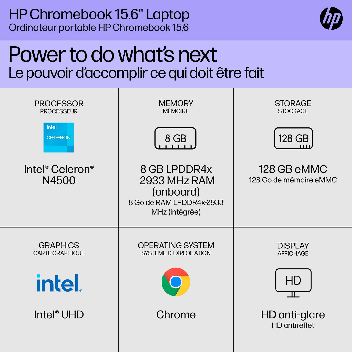 HP Chromebook Plus 15.6 inch Laptop, Full HD Display, Intel Core i3-N305, 8 GB RAM, 256 GB UFS, Intel UHD Graphics, Chrome OS, 15a-nb0006ca