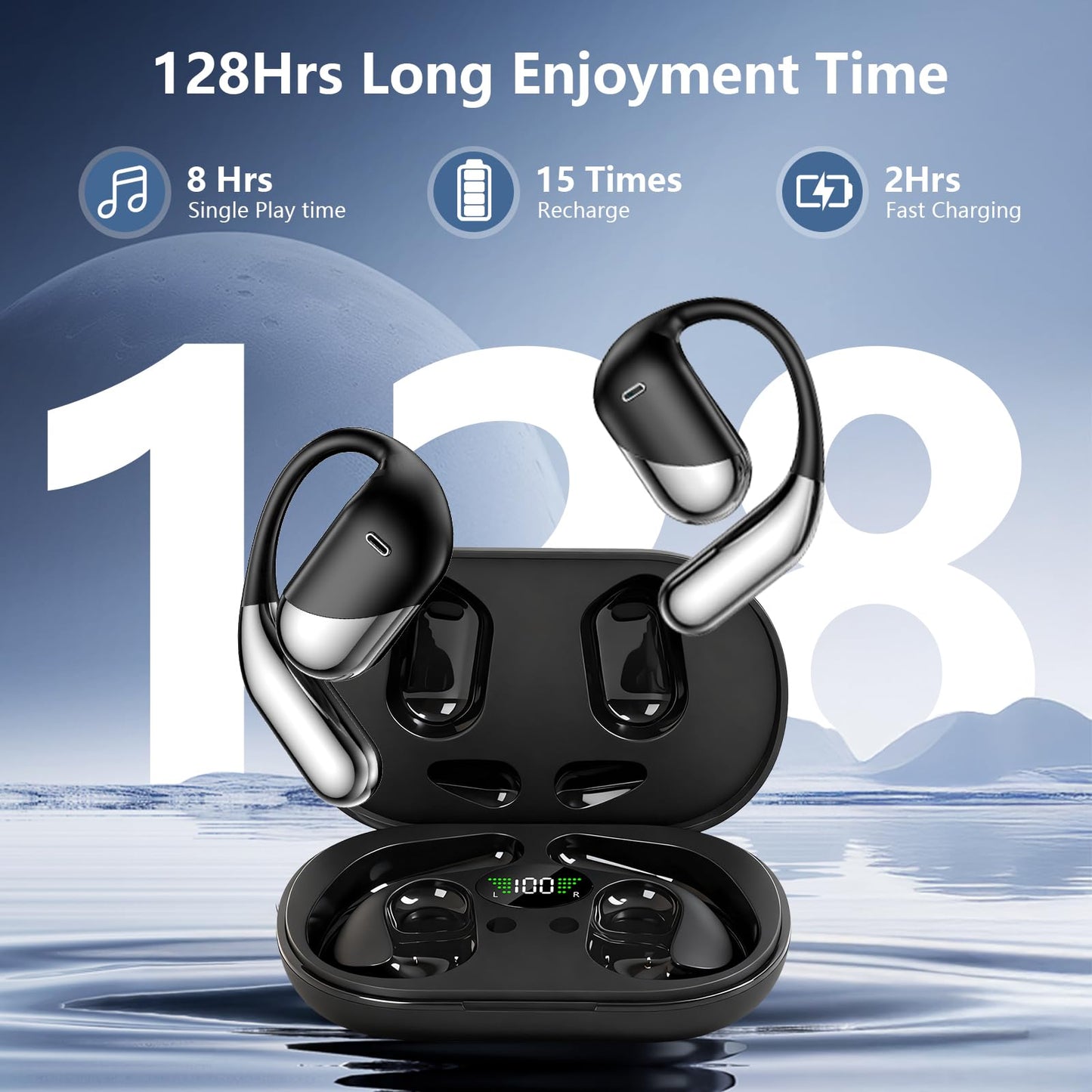 Open Ear Wireless Earbuds, Sports Bluetooth Headphones with Real Time Translation, 80Hrs Playtime with LED Power Display, Noise Canceling Headset, IPX7 Waterproof Earphones for Workout/Running