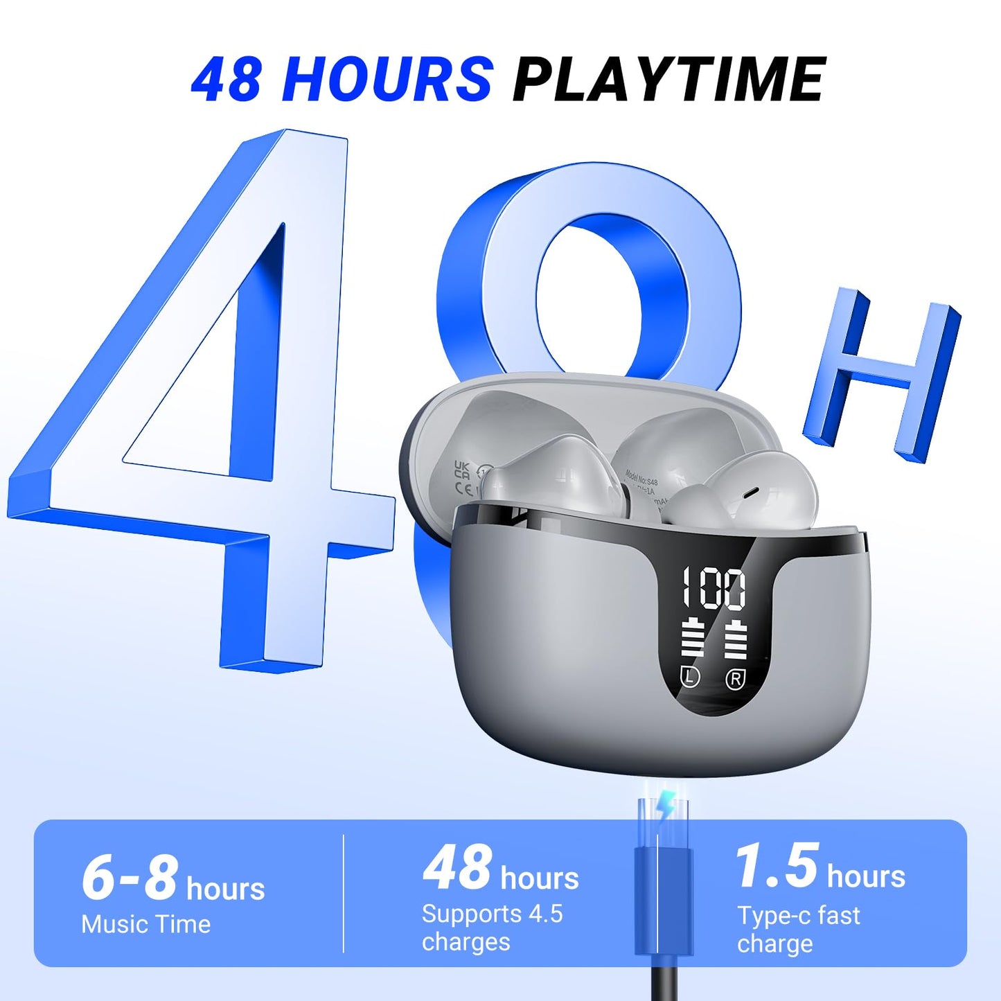 Wireless Earbuds, Bluetooth 5.4 Headphones, 50H Playback Deep Bass Stereo Ear Buds with LED Power Display Charging Case, IPX7 Waterproof in-Ear Earbuds for Smart Phone Laptop Computer Sports Black