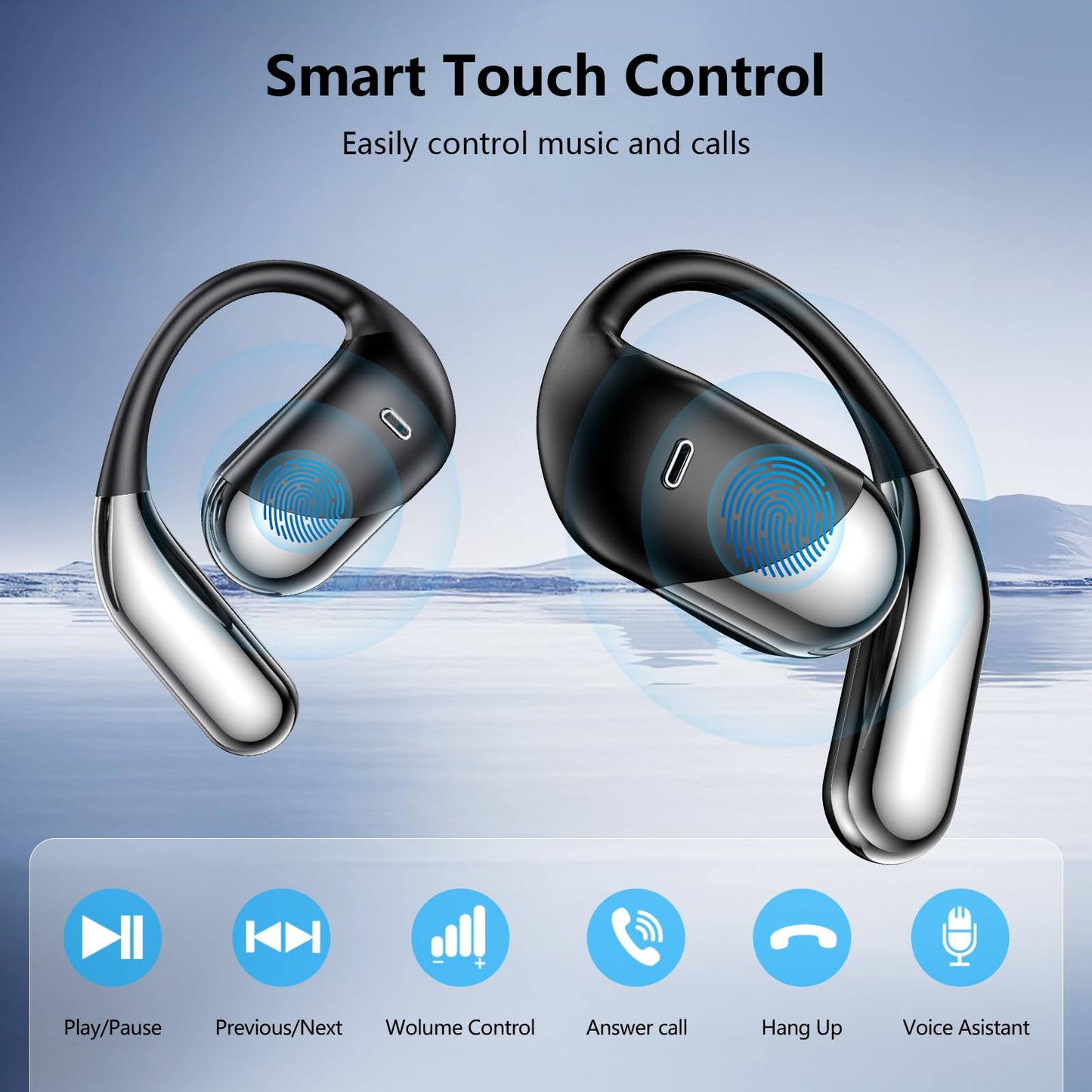 Open Ear Wireless Earbuds, Sports Bluetooth Headphones with Real Time Translation, 80Hrs Playtime with LED Power Display, Noise Canceling Headset, IPX7 Waterproof Earphones for Workout/Running