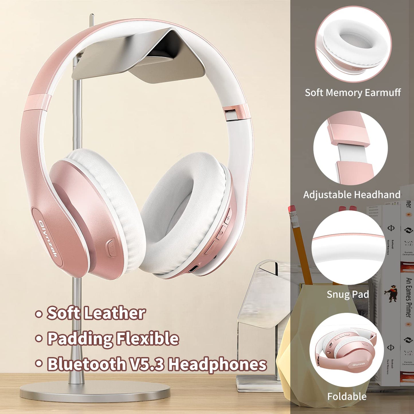 Wireless Bluetooth Headphones Over Ear 65H Playtime HiFi Stereo Headset with Microphone and 6EQ Modes Foldable Bluetooth V6.0 Headphones for Desktop Computer Laptop Rose Gold