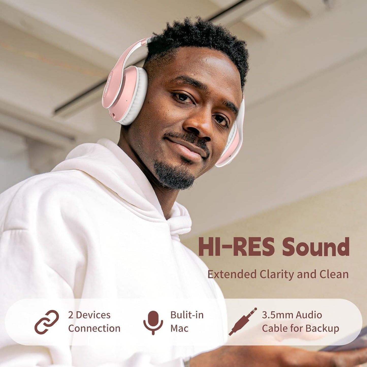 Wireless Bluetooth Headphones Over Ear 65H Playtime HiFi Stereo Headset with Microphone and 6EQ Modes Foldable Bluetooth V6.0 Headphones for Desktop Computer Laptop Rose Gold