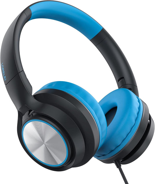 LORELEI E7 Kids Headphones with Microphone, Safe Volume Limiter 85/94dB, Foldable Stereo Tangle-Free On-Ear Wired Headphones for Toddlers/Boys/Girls/School/iPad/Laptop/Travel (Black&Blue)