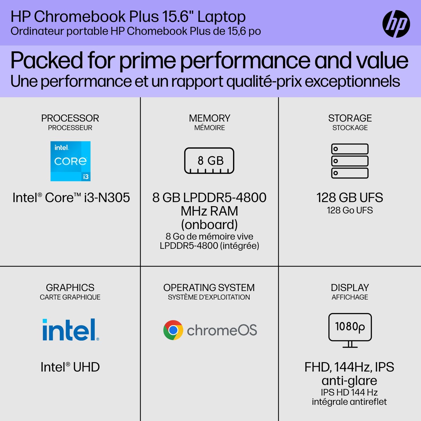 HP Chromebook Plus 15.6 inch Laptop, Full HD Display, Intel Core i3-N305, 8 GB RAM, 256 GB UFS, Intel UHD Graphics, Chrome OS, 15a-nb0006ca