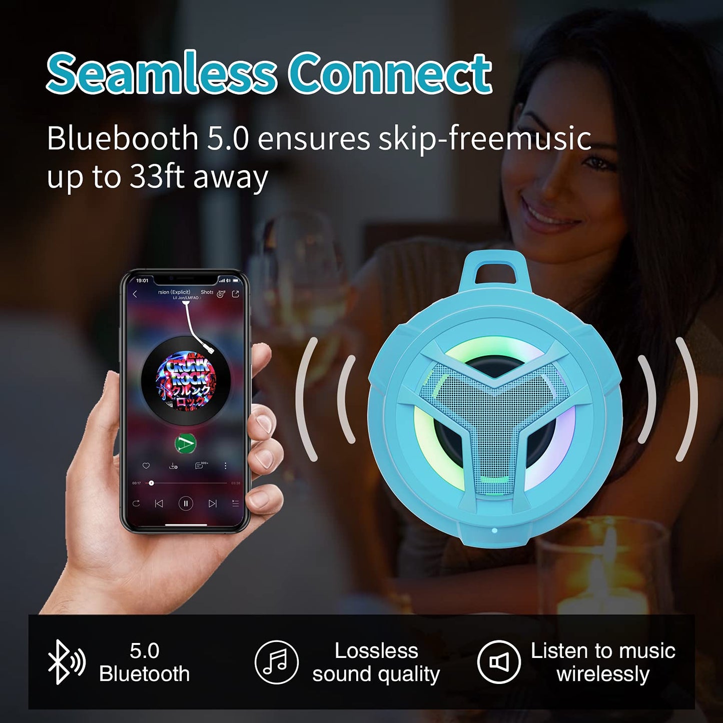 EBODA Bluetooth Shower Speaker, Portable Bluetooth Speakers, IP67 Waterproof Outdoor Speaker Wireless with LED Light, Floating, 2000mAh, True Wireless Stereo for Pool, Kayak, Bike, Golf, Gifts -Black