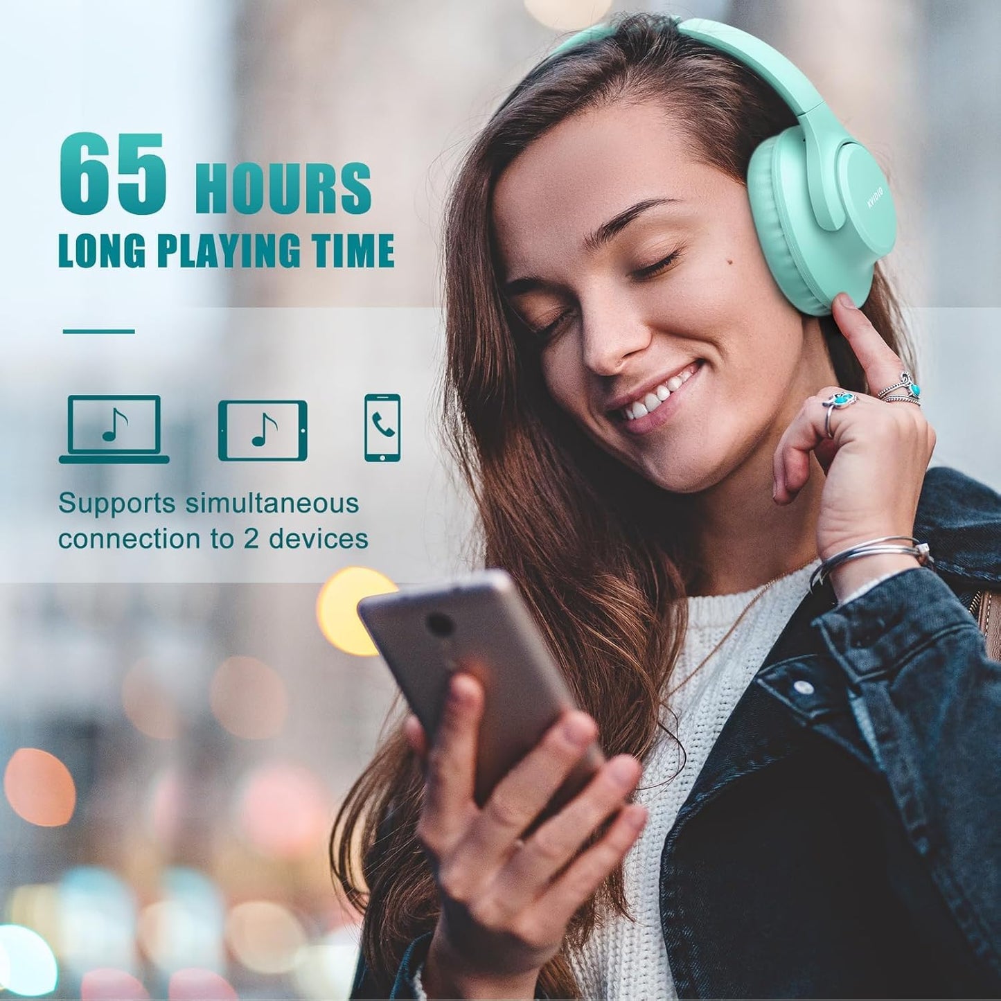 KVIDIO Bluetooth Headphones Over Ear, 65 Hours Wireless Headphones with Microphone, Foldable Lightweight HiFi Stereo Headset with Deep Bass for Travel Work Laptop PC Cellphone