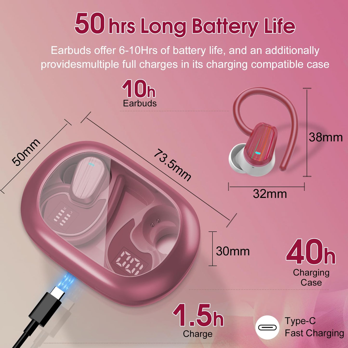 Wireless Earbuds, 50H Bluetooth 5.4 Headphones Sport, Bluetooth Earbuds with ENC Noise Canceling, HiFi Stereo Sound Wireless Earphones with Earhooks, IP7 Waterproof Ear Buds for Sports/Workout/Running