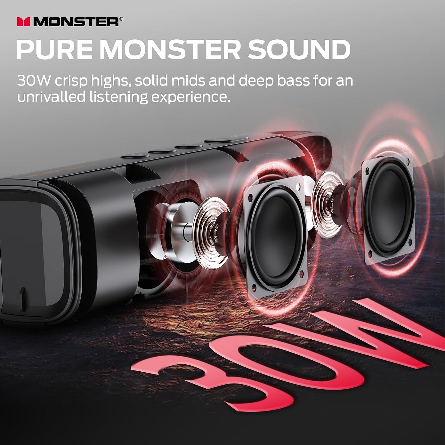 Monster S290 Bluetooth Speaker, Portable Bluetooth Speaker with 30W Loud Stereo Sound, Bluetooth 6.0, 20H Playtime, TWS Pairing, Support AUX/TF Card, IPX6 Waterproof Wireless Speaker for Home, Travel