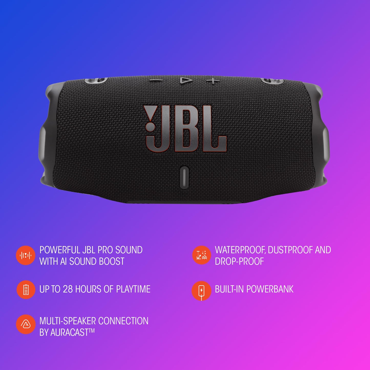 JBL Charge 6 - Portable Waterproof & Drop-Proof Bluetooth Speaker, Bold Pro Sound with AI Sound Boost, 28Hrs of Playtime, Built-in powerbank & Comes with a Sturdy/Removable Carrying Strap (Black)