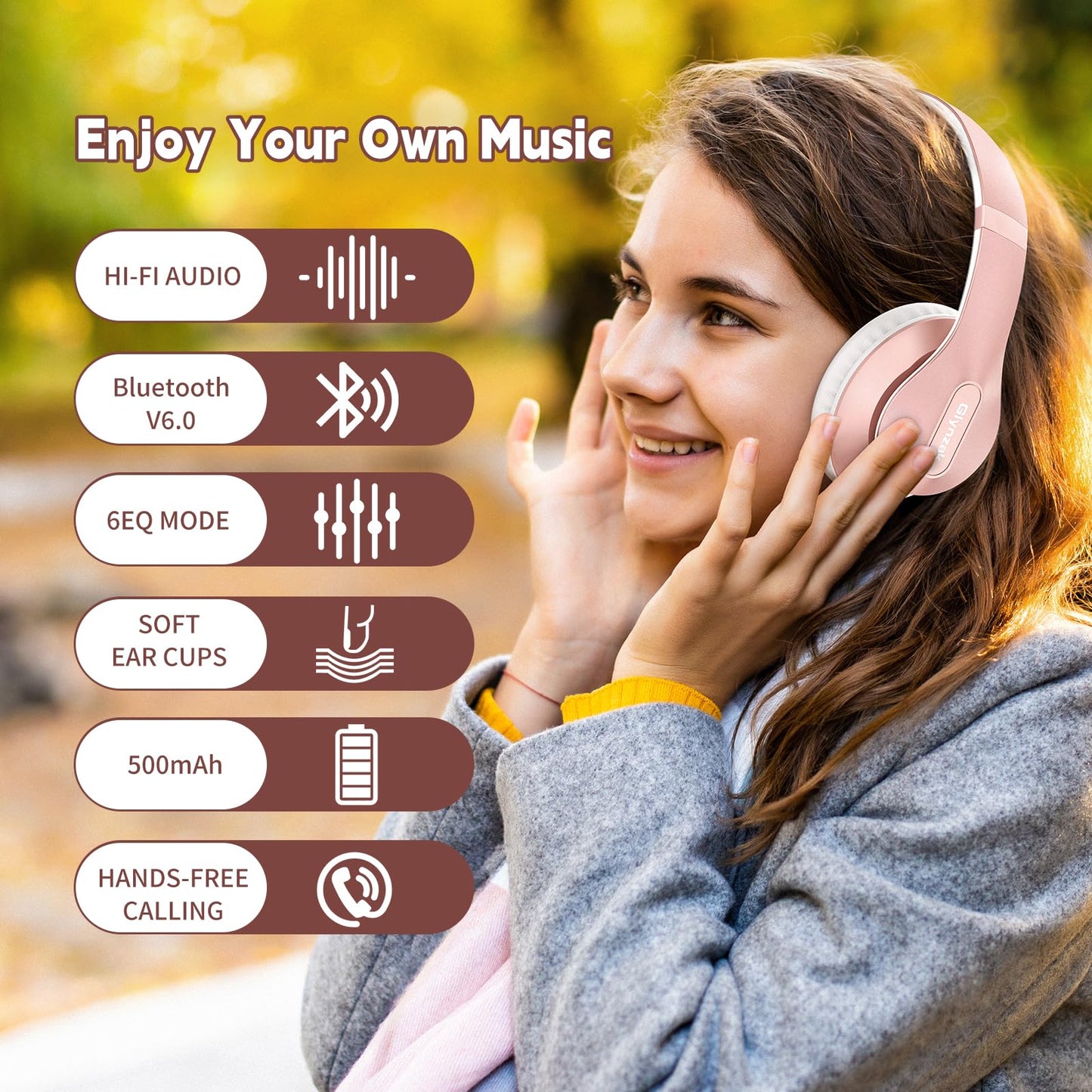 Wireless Bluetooth Headphones Over Ear 65H Playtime HiFi Stereo Headset with Microphone and 6EQ Modes Foldable Bluetooth V6.0 Headphones for Desktop Computer Laptop Rose Gold
