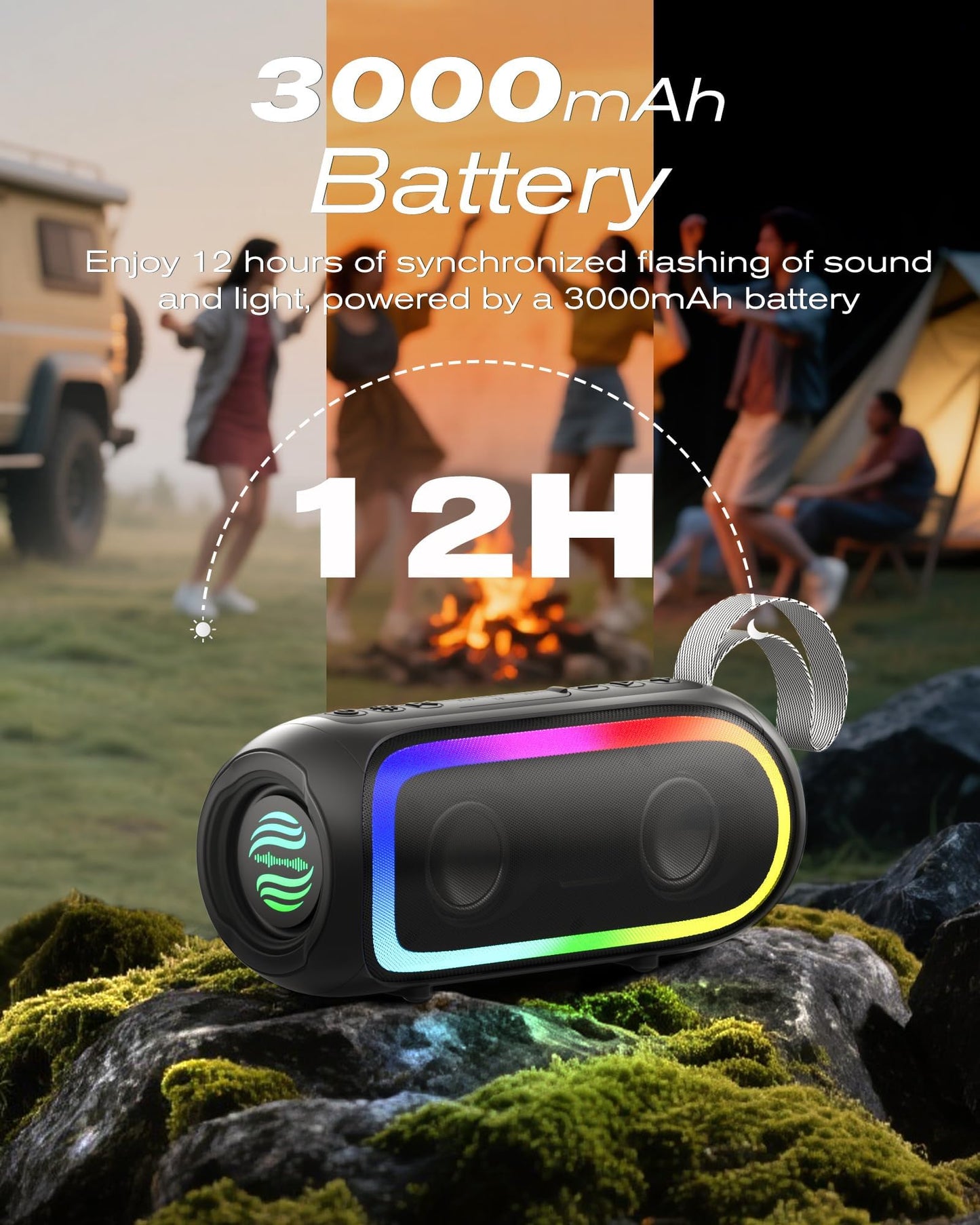 Portable Bluetooth Speaker, IPX6 Waterproof 20W HiFi Stereo Sound with Deep Bass 12H Playtime BT 5.2 Wireless TWS 7 Color Lights soundbox for Smartphone/Tablet/PC Apply to Home/Outdoor