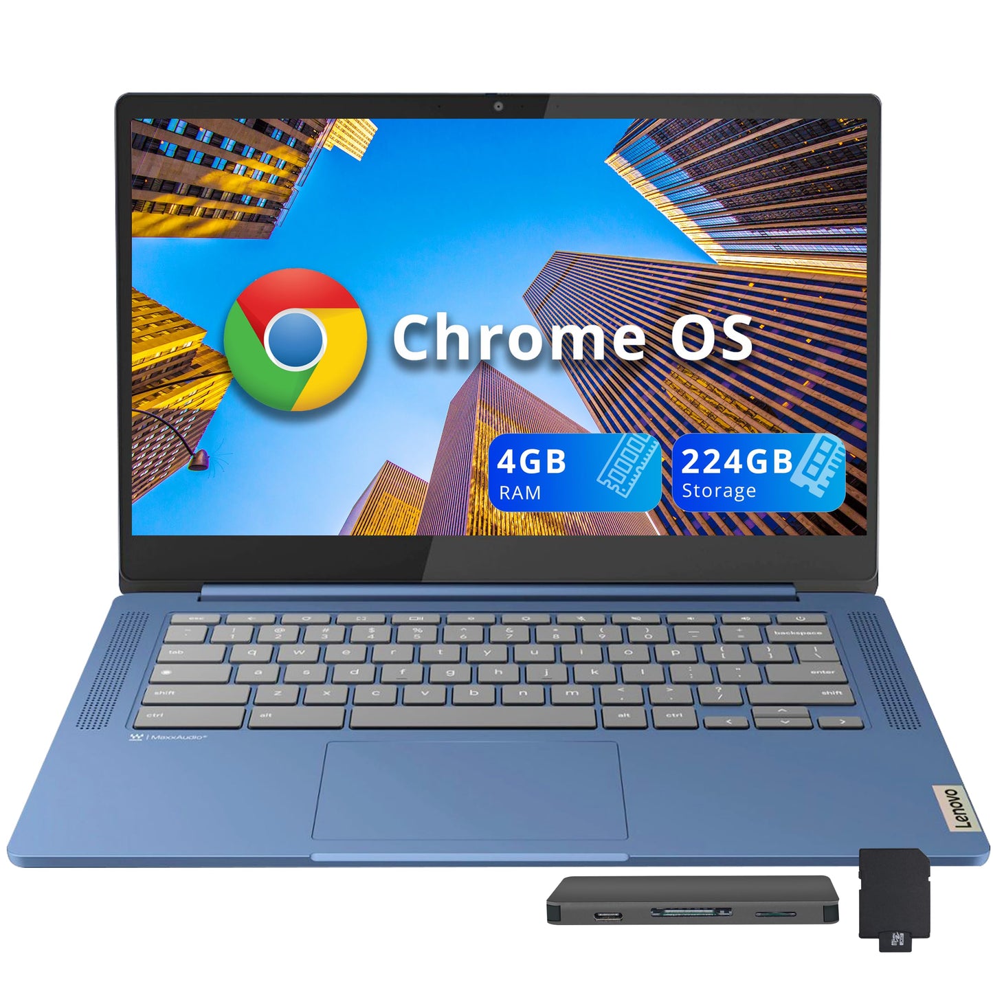 Lenovo Slim 3 Chromebook, 14″ FHD IPS Touchscreen Laptop, 8-Core MediaTek Kompanio 520 Processor, 4GB RAM, 224GB Storage (64GB eMMC+160GB Docking Station Set), WiFi 6, Chrome OS, Abyss Blue