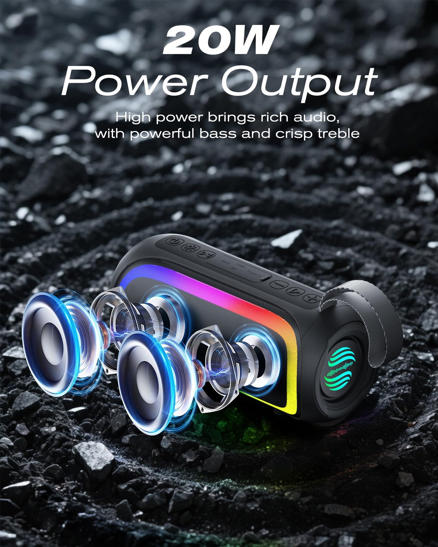 Portable Bluetooth Speaker, IPX6 Waterproof 20W HiFi Stereo Sound with Deep Bass 12H Playtime BT 5.2 Wireless TWS 7 Color Lights soundbox for Smartphone/Tablet/PC Apply to Home/Outdoor