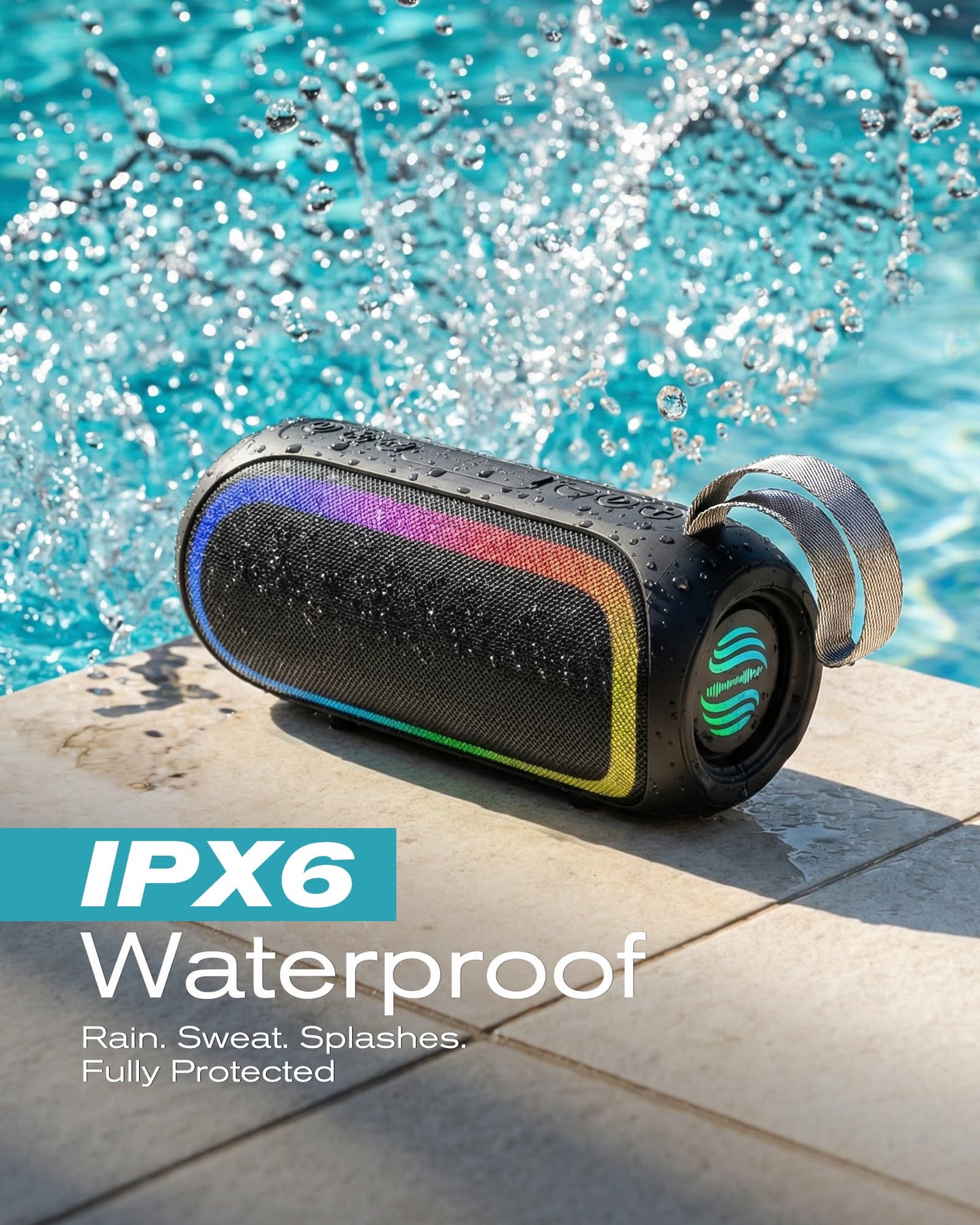 Portable Bluetooth Speaker, IPX6 Waterproof 20W HiFi Stereo Sound with Deep Bass 12H Playtime BT 5.2 Wireless TWS 7 Color Lights soundbox for Smartphone/Tablet/PC Apply to Home/Outdoor
