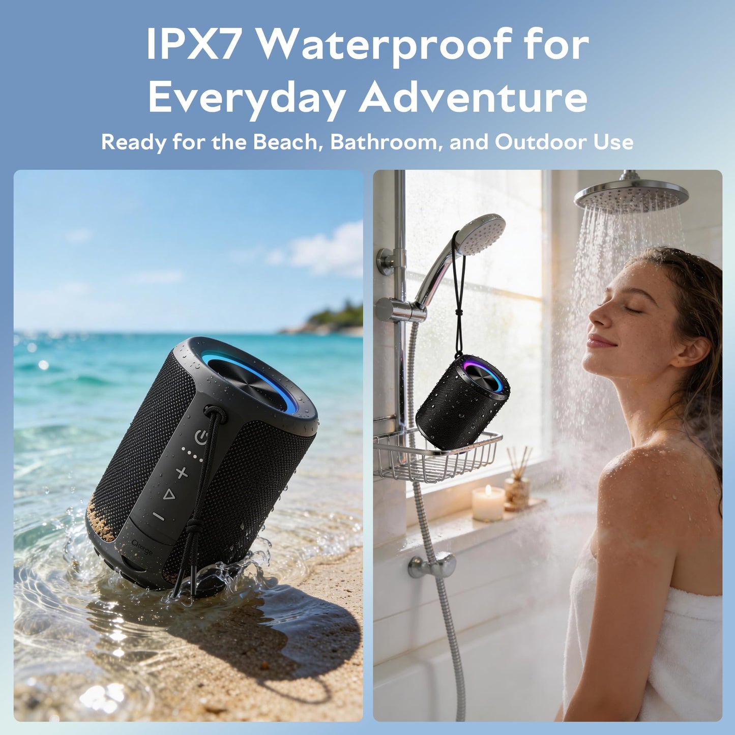Portable Bluetooth Speaker Wireless, IPX7 Waterproof Dustproof Mini Speakers, 20W Loud Bass Stereo, 15H Playtime, BT5.3 & TWS, RGB Light, for Outdoor/Shower/Home/Party, Stocking Stuffers