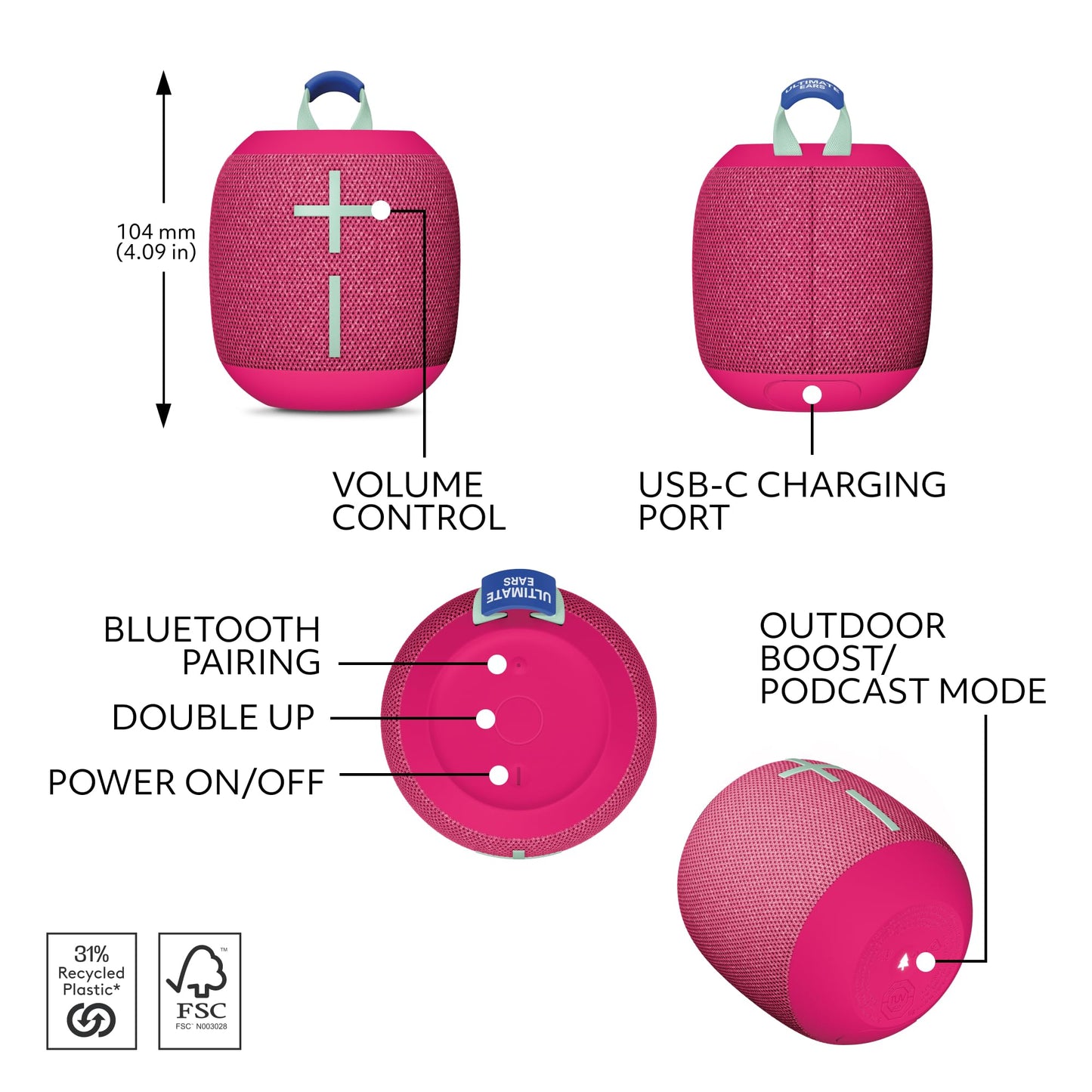 Ultimate Ears WONDERBOOM 4 Portable Waterproof Bluetooth Speaker with Big Bass and 360-Degree Sound, Dustproof Floating Speaker with 131ft (40m) Range - Black