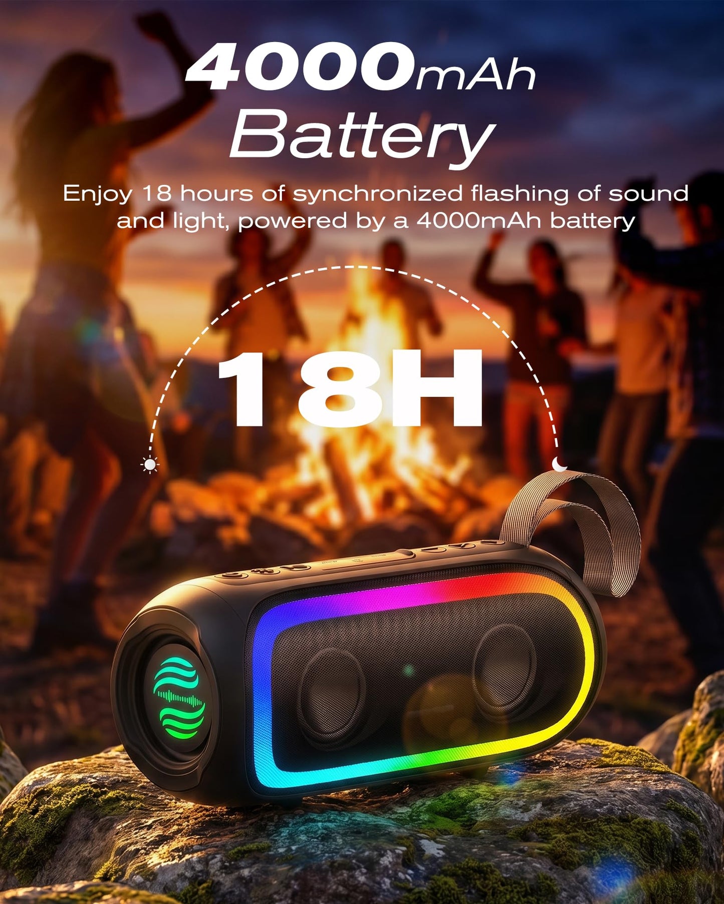 Portable Bluetooth Speaker, IPX6 Waterproof 20W HiFi Stereo Sound with Deep Bass 12H Playtime BT 5.2 Wireless TWS 7 Color Lights soundbox for Smartphone/Tablet/PC Apply to Home/Outdoor