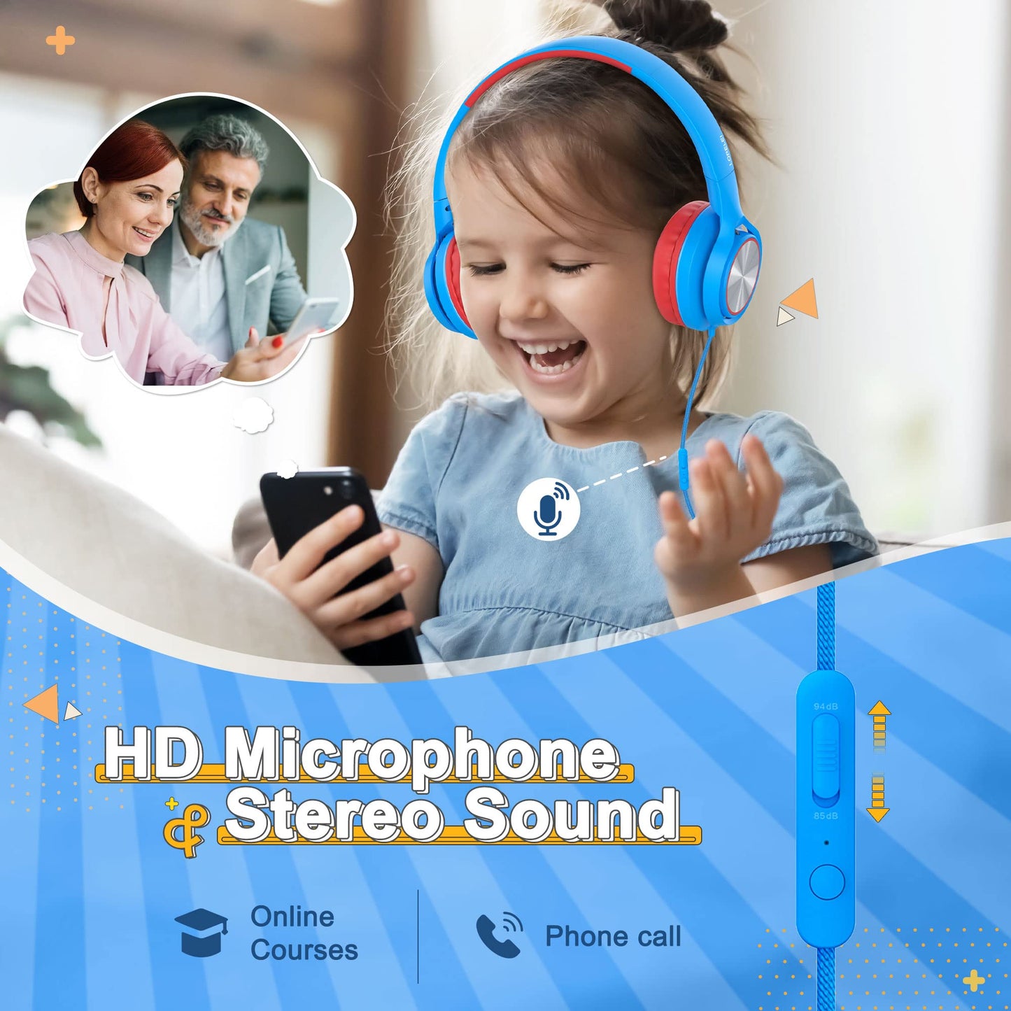 LORELEI E7 Kids Headphones with Microphone,On-Ear Wired Headset for Children/Boys/Girls,85/94dB Safe Volume 3.5mm Audio Jack Tangle-Free for School/iPad/Laptop/Travel (Blue&Green)