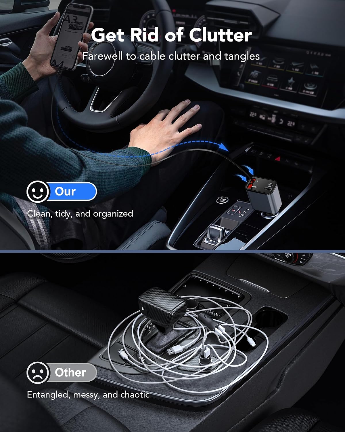 69W Retractable Car Charger, 4-in-1 Fast Car Phone Charger with 2.6ft Two Retractable Cables and USB C+USB A Car Charger Block Cube, Compatible with iPhone 16 15 14 13 12 Pro Max Plus,Galaxy,Pixel
