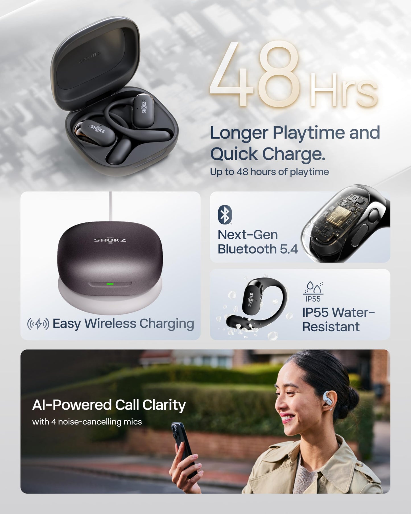 SHOKZ New OpenFit 2+ Open-Ear Headphones, Dolby Audio Enabled, Comfortable Earbuds with Soft Ear Hooks, 48H Playtime, IP55 Water-Resistant, USB-C Fast Charging, Wireless Charging, Carrying Bag,Black