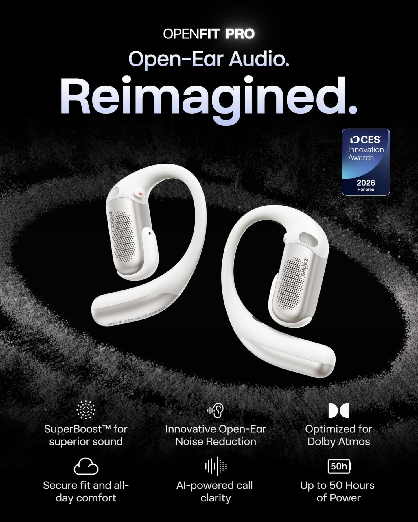 SHOKZ OpenFit Pro Open-Ear True Wireless Earbuds with Open-Ear Noise Reduction, Optimised for Dolby Atmos, Deep Bass, 50H Playtime, AI-Powered Clear Calls for Work, Sport, Bluetooth 6.1, IP55, Black