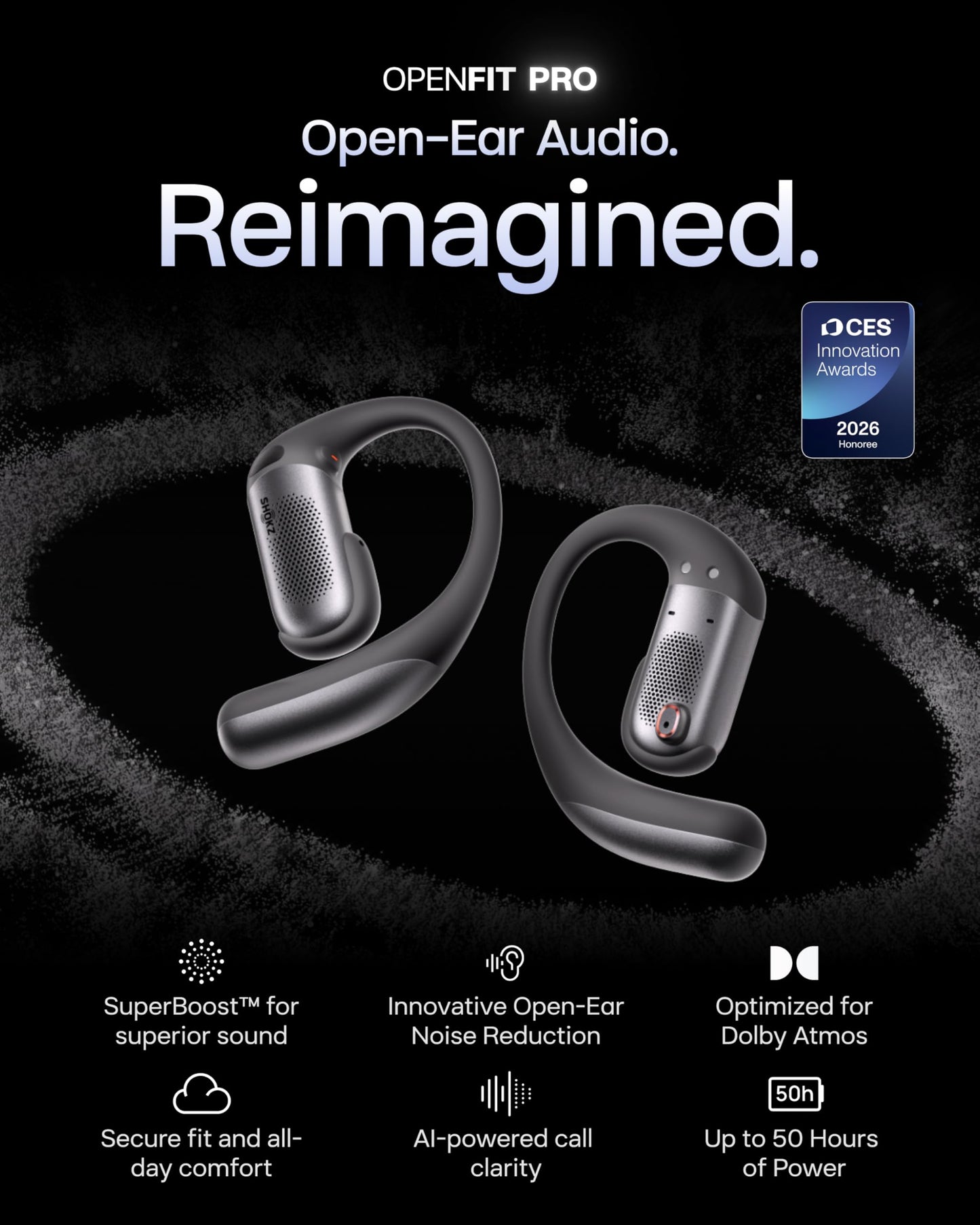 SHOKZ OpenFit Pro Open-Ear True Wireless Earbuds with Open-Ear Noise Reduction, Optimised for Dolby Atmos, Deep Bass, 50H Playtime, AI-Powered Clear Calls for Work, Sport, Bluetooth 6.1, IP55, Black