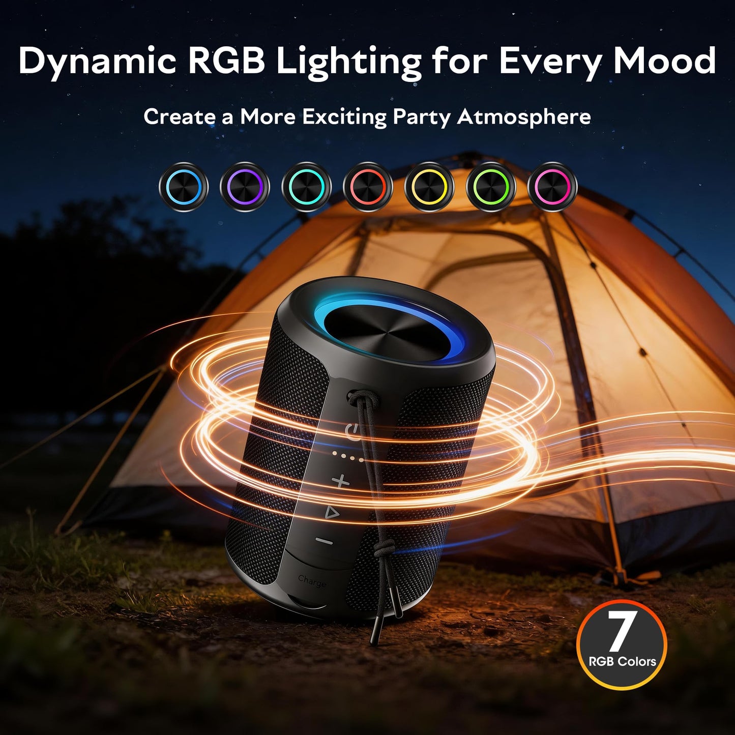 Portable Bluetooth Speaker Wireless, IPX7 Waterproof Dustproof Mini Speakers, 20W Loud Bass Stereo, 15H Playtime, BT5.3 & TWS, RGB Light, for Outdoor/Shower/Home/Party, Stocking Stuffers