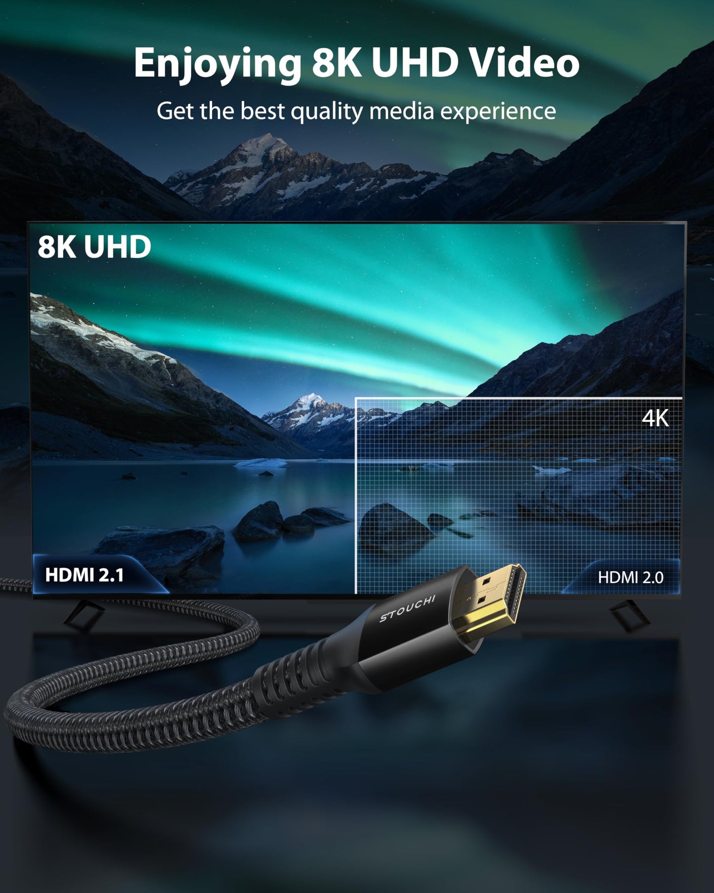 10K 8K HDMI Cables 2-Pack 6.6FT, Stouchi (Certified) 48Gbps Ultra High Speed HDMI® Cable for PS5 4K@120Hz Gaming, 8K@60Hz TVs, eARC Dolby Atmos Home Theater