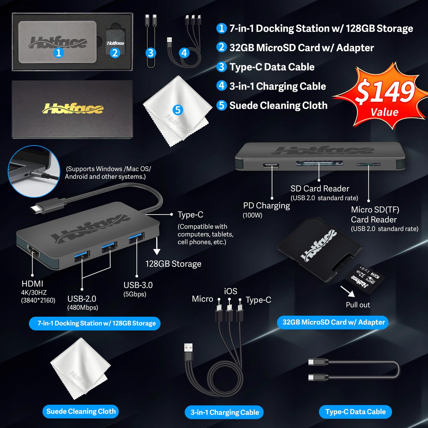 Lenovo Slim 3 Chromebook, 14″ FHD IPS Touchscreen Laptop, MediaTek Kompanio 520 Processor, 4GB RAM, 224GB Storage (64GB eMMC+160GB Docking Station Set), Webcam, Chrome OS, Abyss Blue