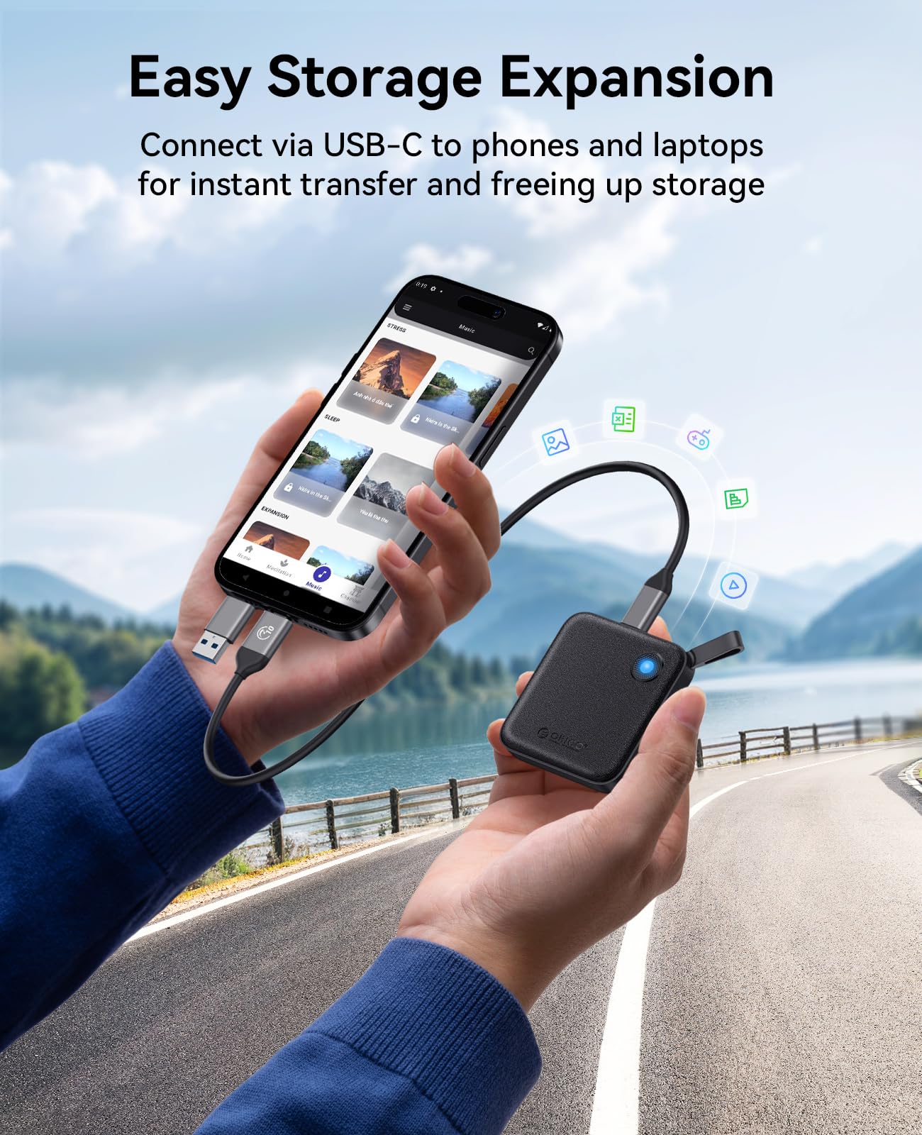 ORICO Portable SSD 512 GB with 2 in 1 USB C Cable, External Solid State Drives, Up to 460MB/s, Status Indicator, Reliable Storage for USB-C Smartphone, Tablet, PC - B5PLUS
