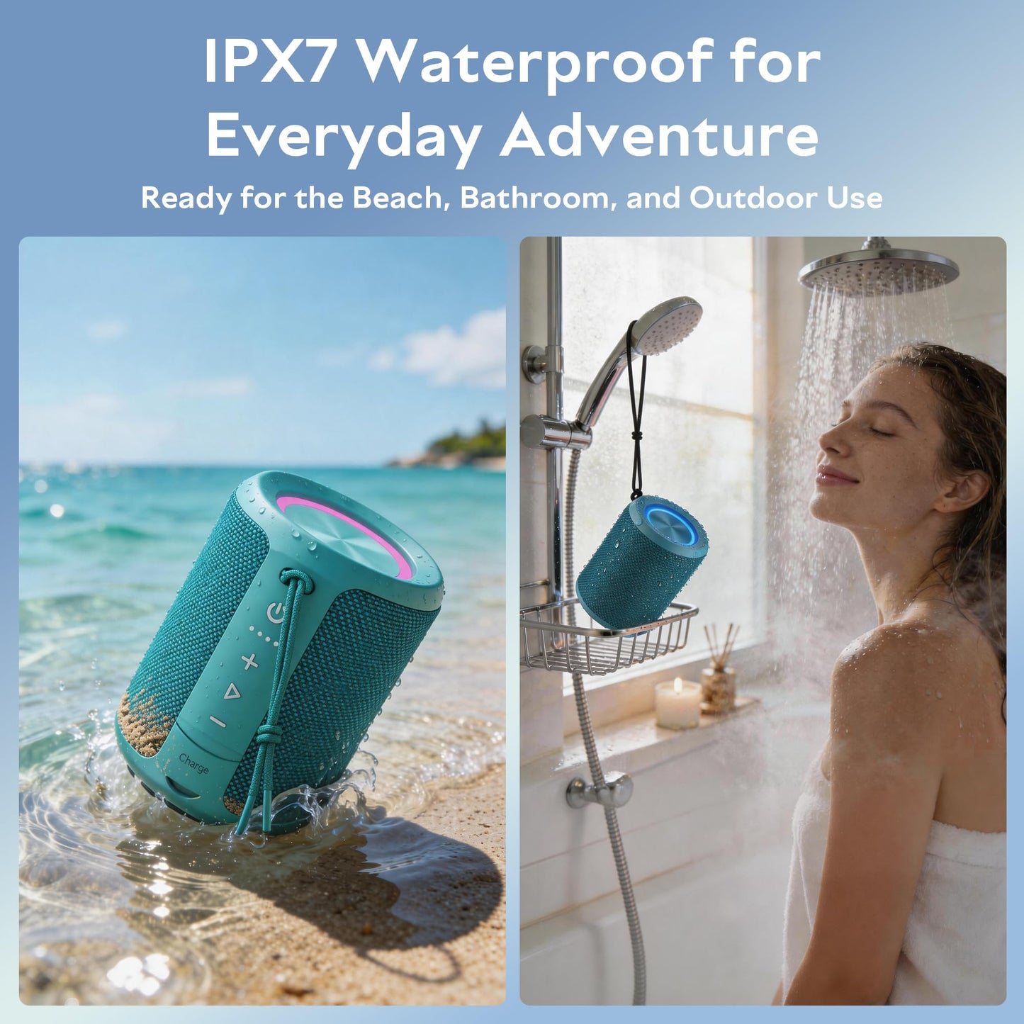Portable Bluetooth Speaker Wireless, IPX7 Waterproof Dustproof Mini Speakers, 20W Loud Bass Stereo, 15H Playtime, BT5.3 & TWS, RGB Light, for Outdoor/Shower/Home/Party, Stocking Stuffers