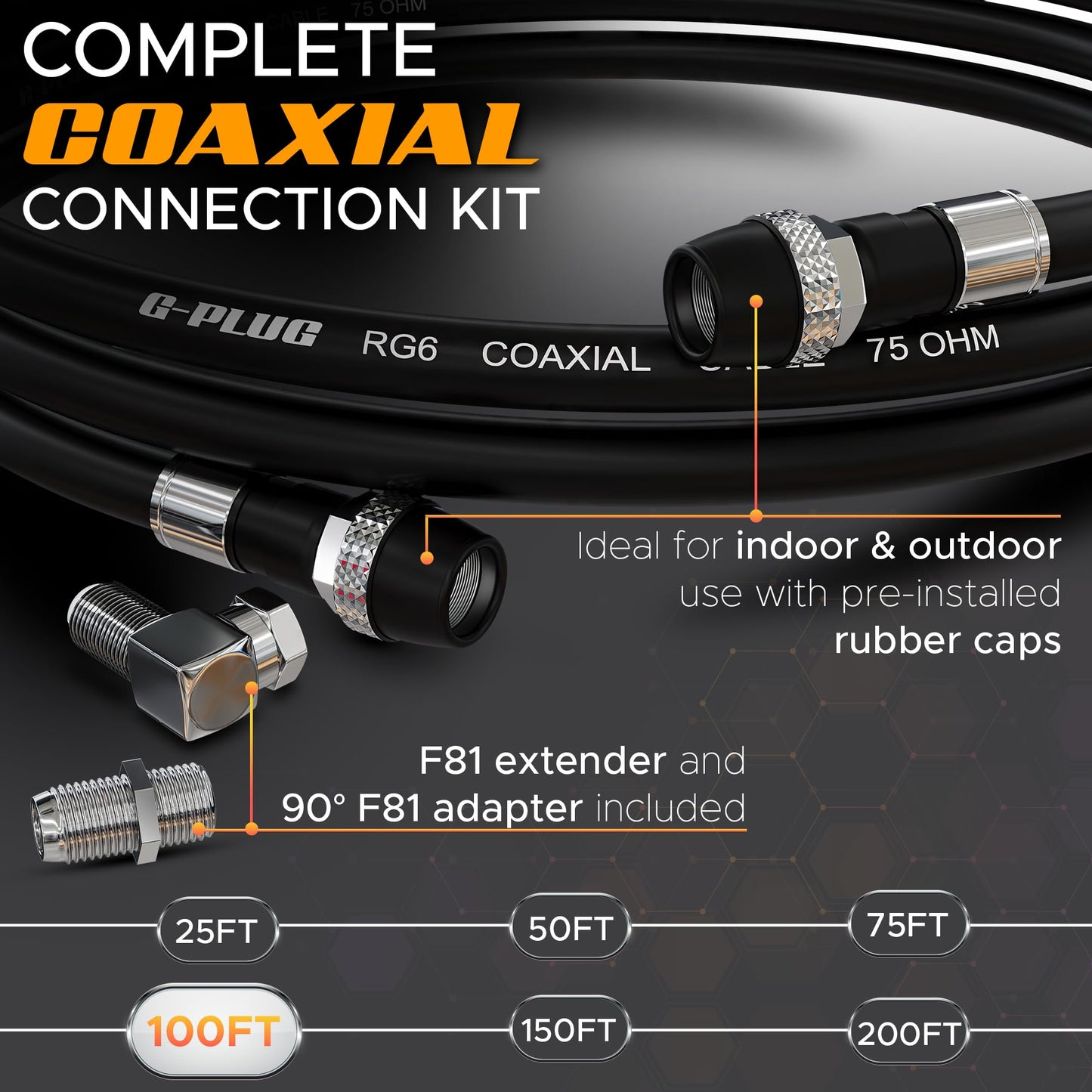 G-PLUG 25FT RG6 Coaxial Cable Connectors Set – High-Speed Internet, Broadband, Digital TV Aerial, Satellite Extension – Weather-Sealed Double Rubber O-Ring and Compression Connectors – White