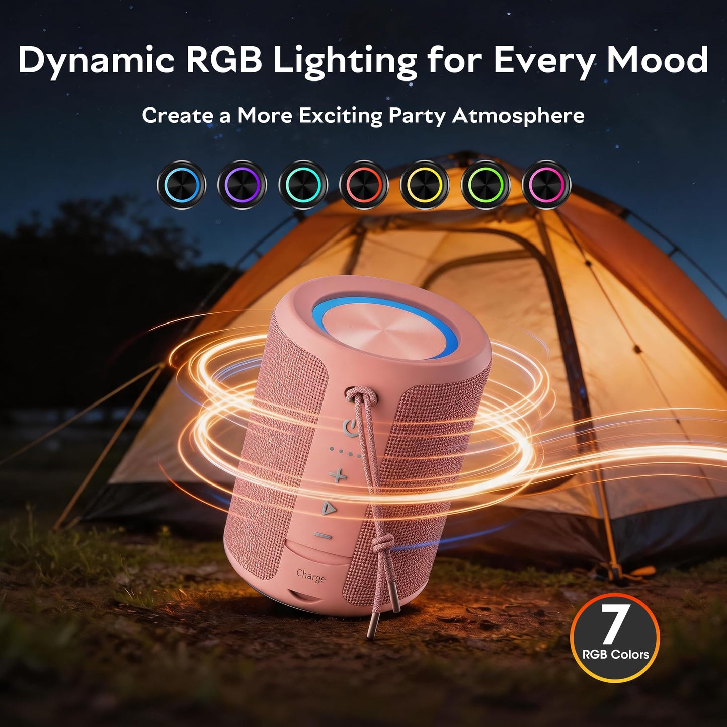 Portable Bluetooth Speaker Wireless, IPX7 Waterproof Dustproof Mini Speakers, 20W Loud Bass Stereo, 15H Playtime, BT5.3 & TWS, RGB Light, for Outdoor/Shower/Home/Party, Stocking Stuffers