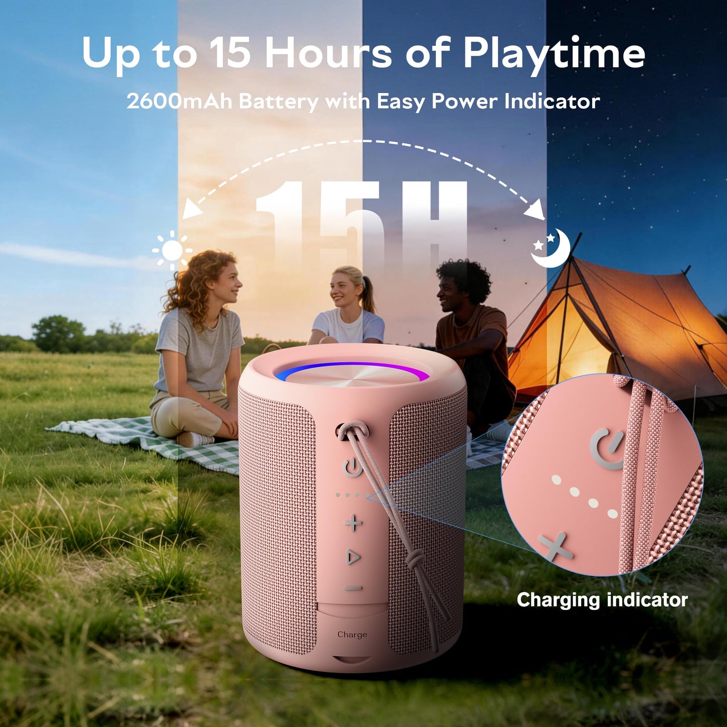 Portable Bluetooth Speaker Wireless, IPX7 Waterproof Dustproof Mini Speakers, 20W Loud Bass Stereo, 15H Playtime, BT5.3 & TWS, RGB Light, for Outdoor/Shower/Home/Party, Stocking Stuffers