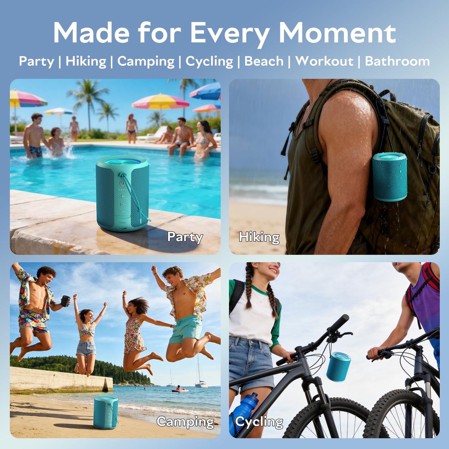 Portable Bluetooth Speaker Wireless, IPX7 Waterproof Dustproof Mini Speakers, 20W Loud Bass Stereo, 15H Playtime, BT5.3 & TWS, RGB Light, for Outdoor/Shower/Home/Party, Stocking Stuffers