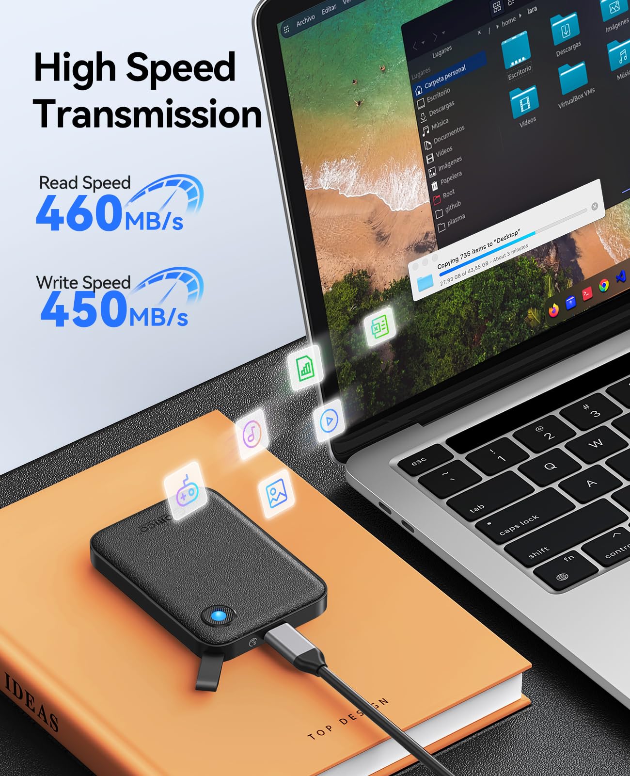 ORICO Portable SSD 512 GB with 2 in 1 USB C Cable, External Solid State Drives, Up to 460MB/s, Status Indicator, Reliable Storage for USB-C Smartphone, Tablet, PC - B5PLUS