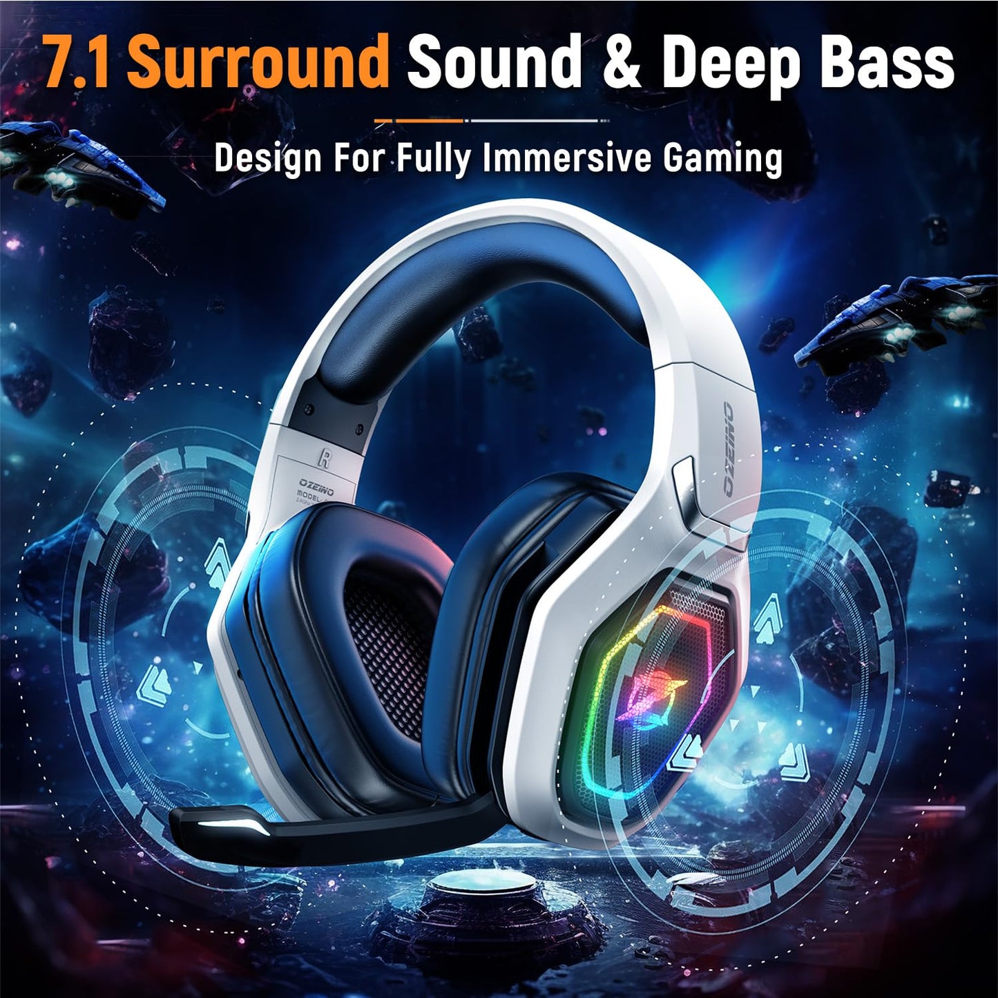 Ozeino Wireless Gaming Headset for Ps5, Ps4, Switch, Ultra Stable 2.4GHz USB & Type-C, Bluetooth 5.3 Gaming Headphones with Flip Mic, 40+Hr Battery Gamer Headset for PC, Laptop, Mobile, Mac(White)
