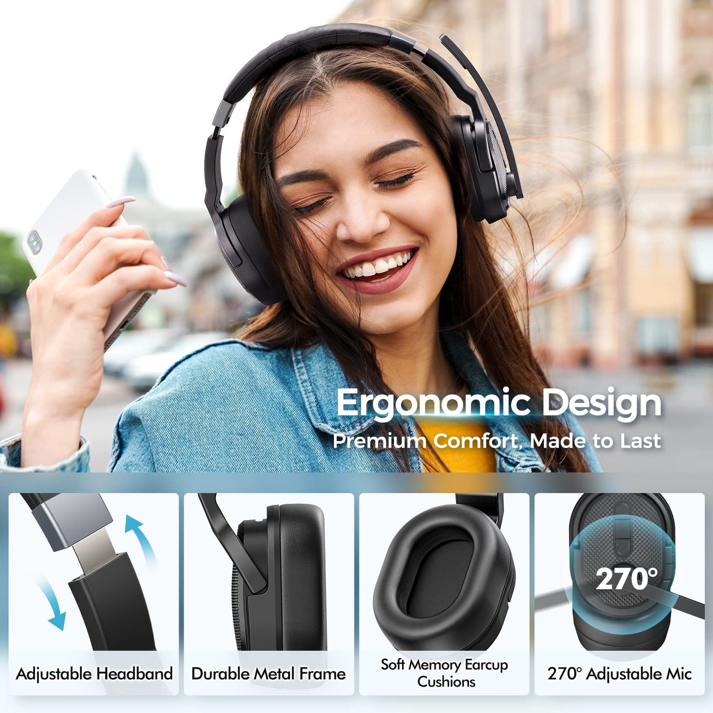 Trucker Bluetooth Headset, Wireless Headsets with Noise Cancelling Microphone, Long Battery Life Bluetooth Headphones with Detachable Earpad/Single+Dual Mode for Office/Driving/Home
