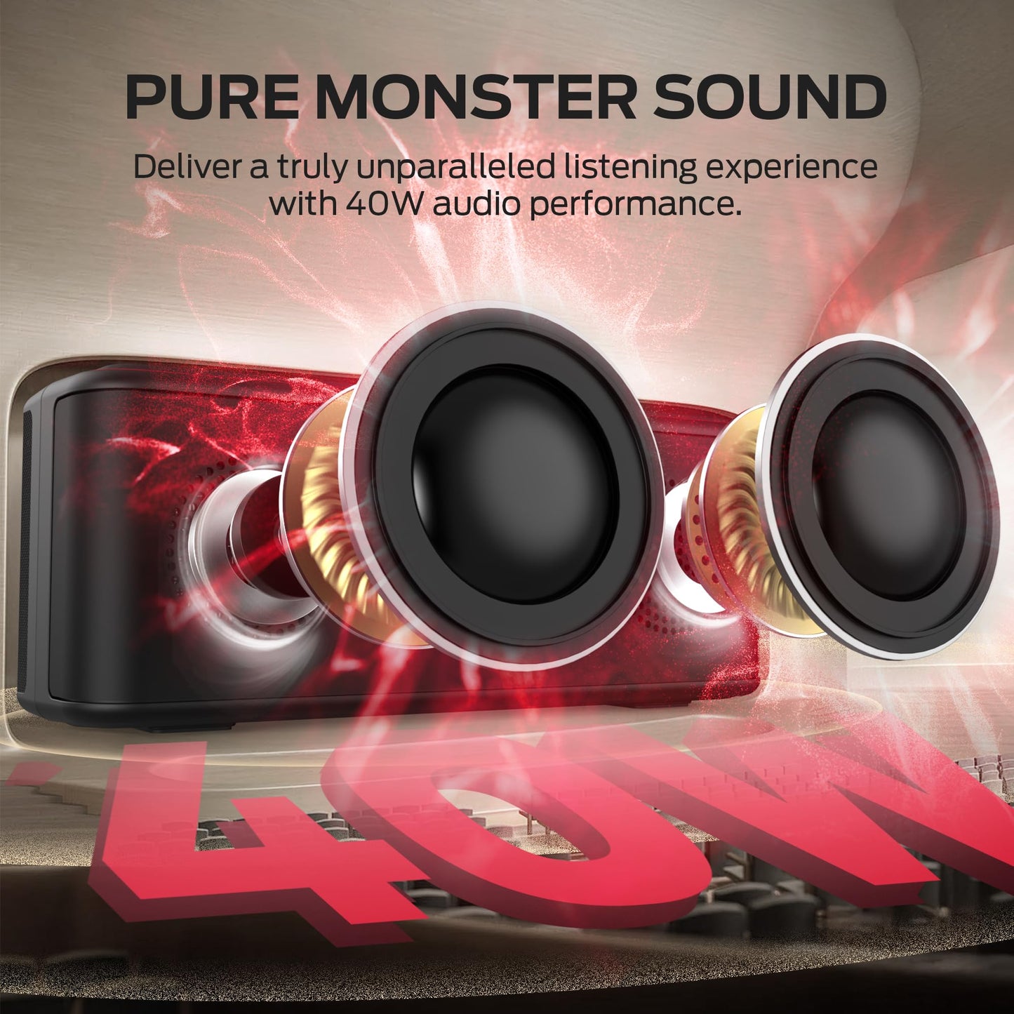 Monster Shock Plus Bluetooth Speaker, Portable Speaker with 40W Loud Stereo Sound, Bluetooth 6.0,TWS Pairing, 20H Playtime,Support AUX/TF Card, IPX6 Waterproof Wireless Speaker for Travel,Home,Outdoor