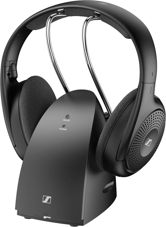 Sennheiser RS 120-W On-Ear Wireless Headphones for Crystal-clear TV Listening with 3 Sound Modes, Lightweight Design, Easy Volume Control, 60 m Range and Convenient Transmitter/Charger Combo – Black
