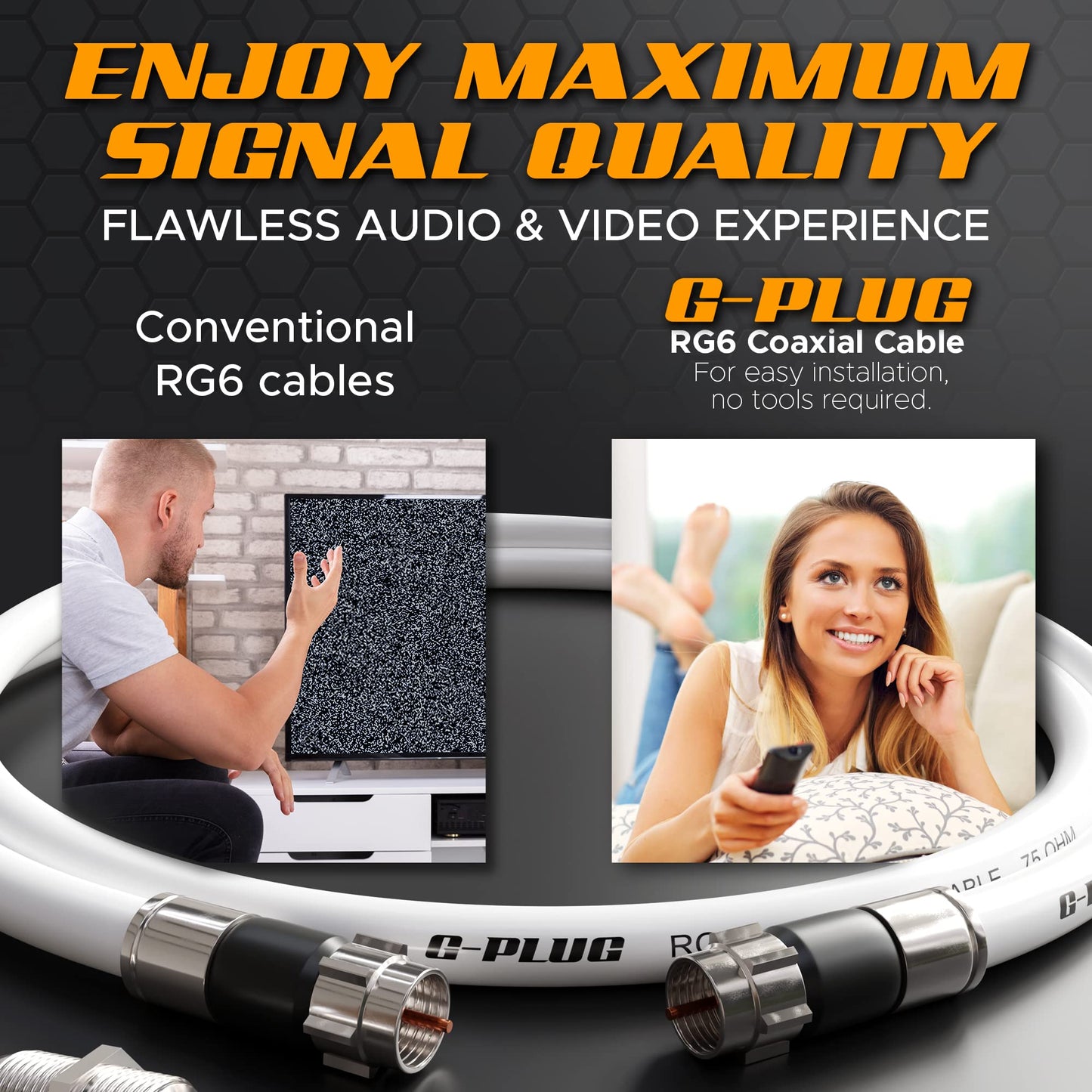 G-PLUG 25FT RG6 Coaxial Cable Connectors Set – High-Speed Internet, Broadband, Digital TV Aerial, Satellite Extension – Weather-Sealed Double Rubber O-Ring and Compression Connectors – White