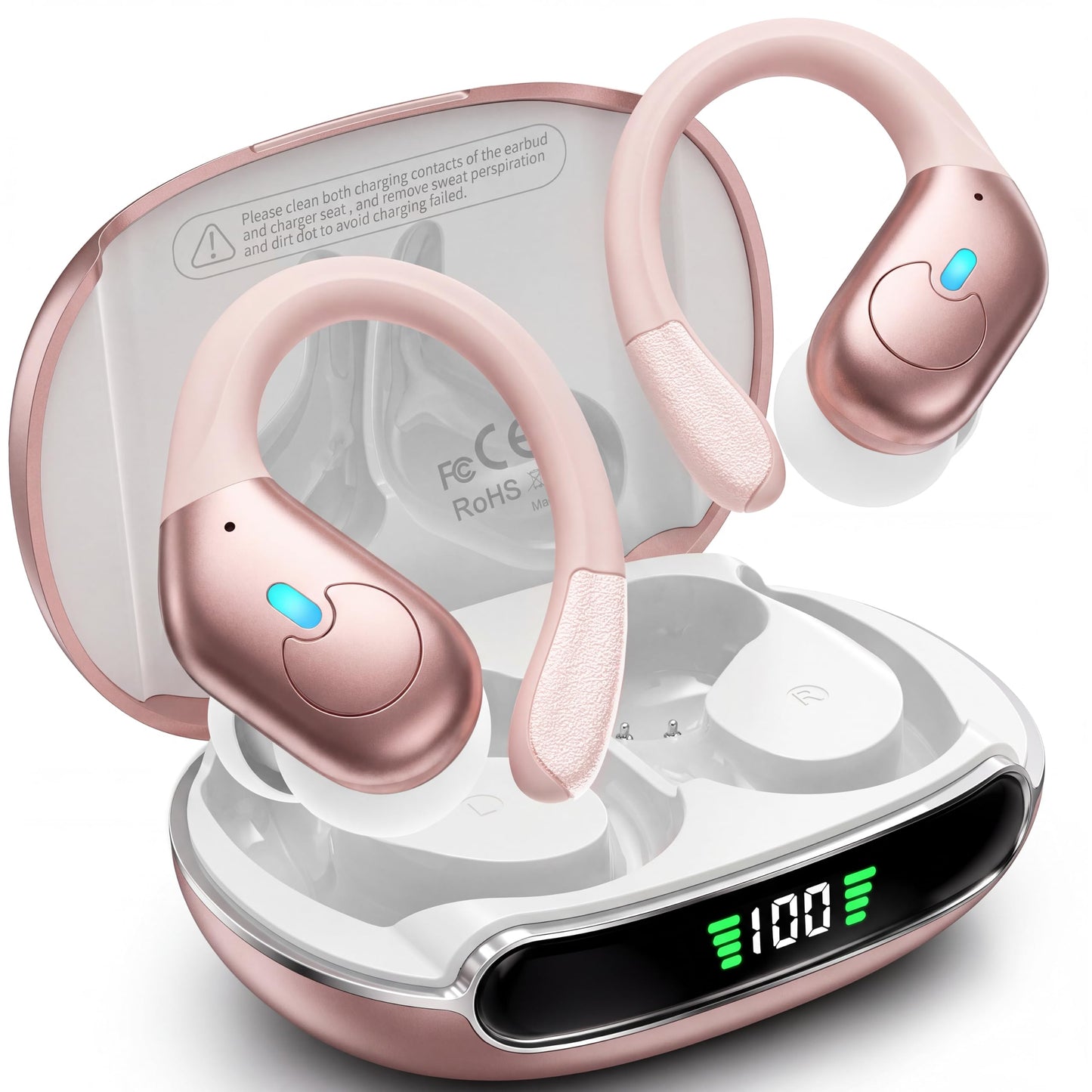 Active Noise Cancelling Ear Buds, Wireless Earbuds with Earhooks Microphone, 80hrs Playback Bluetooth Headphones Dual Battery Display Stereo Bass Earphones IPX7 Waterproof Headset for Workout/Sports