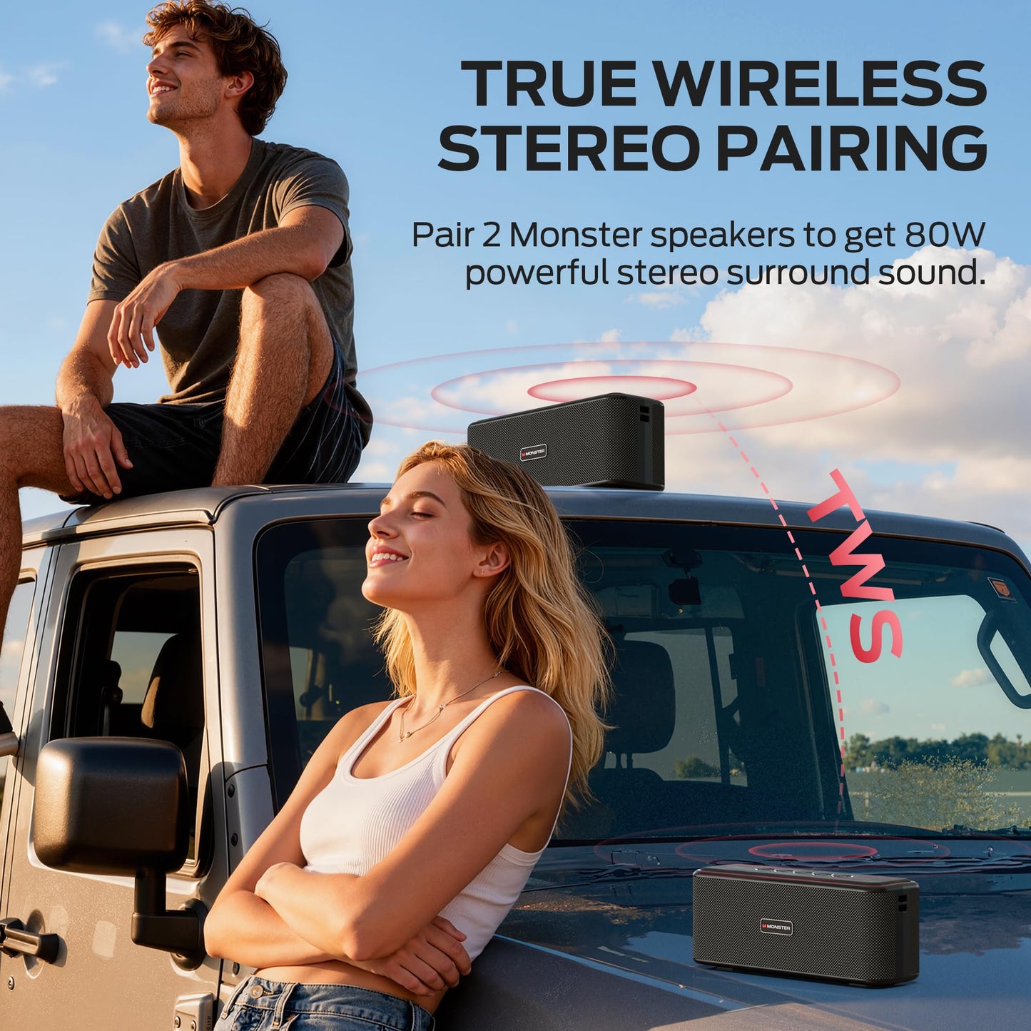 Monster Shock Plus Bluetooth Speaker, Portable Speaker with 40W Loud Stereo Sound, Bluetooth 6.0,TWS Pairing, 20H Playtime,Support AUX/TF Card, IPX6 Waterproof Wireless Speaker for Travel,Home,Outdoor