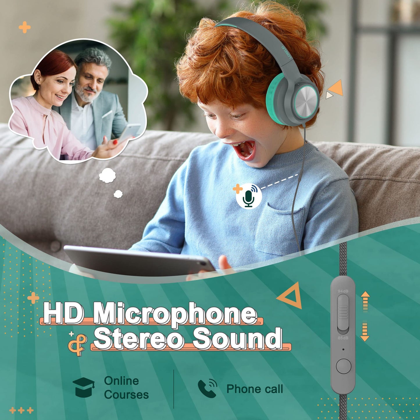 LORELEI E7 Kids Headphones with Microphone,On-Ear Wired Headset for Children/Boys/Girls,85/94dB Safe Volume 3.5mm Audio Jack Tangle-Free for School/iPad/Laptop/Travel (Blue&Green)
